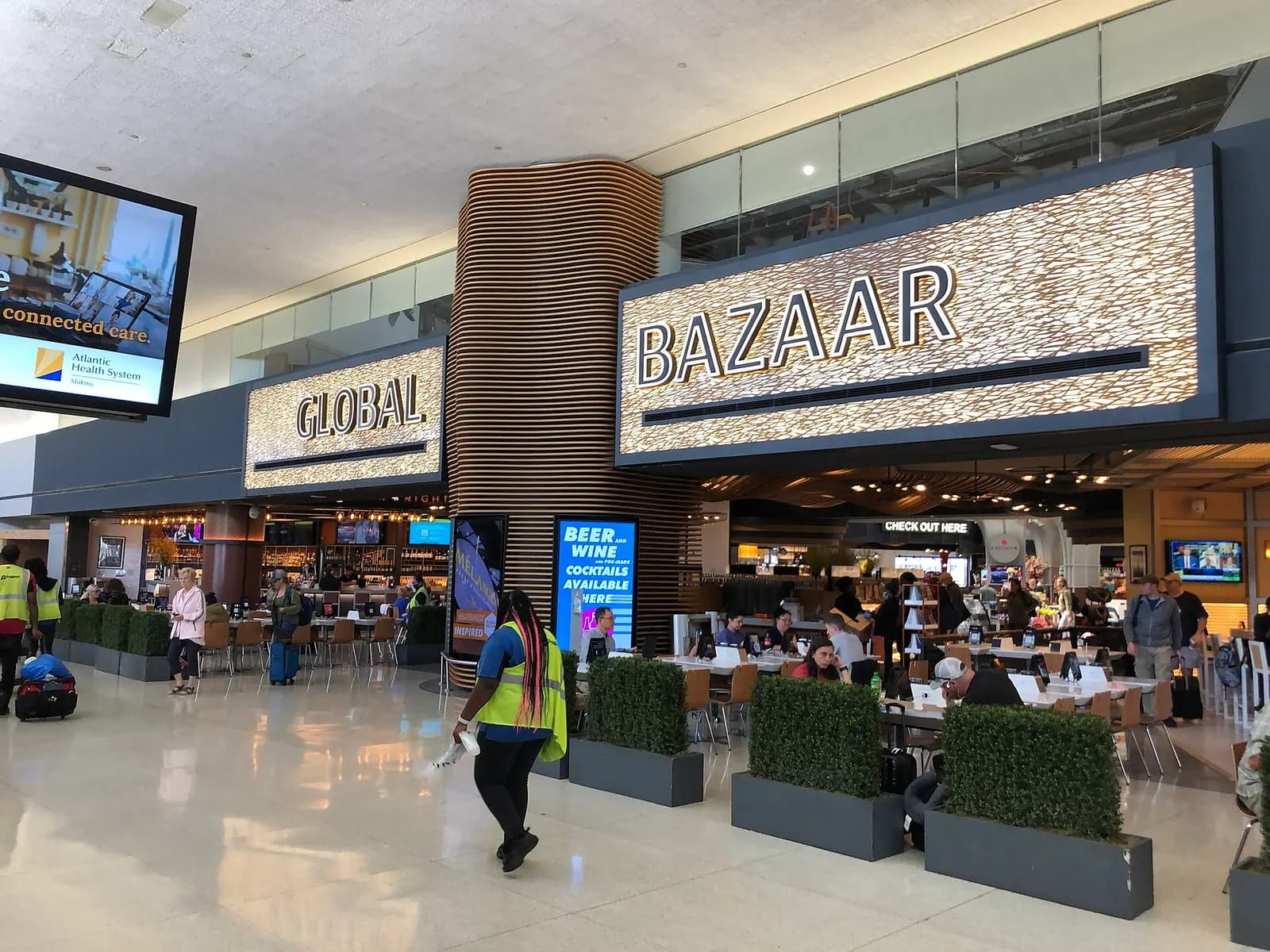 Exterior view of the Global Bazaar food court within Terminal C at Newark Liberty International Airport in Newark, Essex County, New Jersey