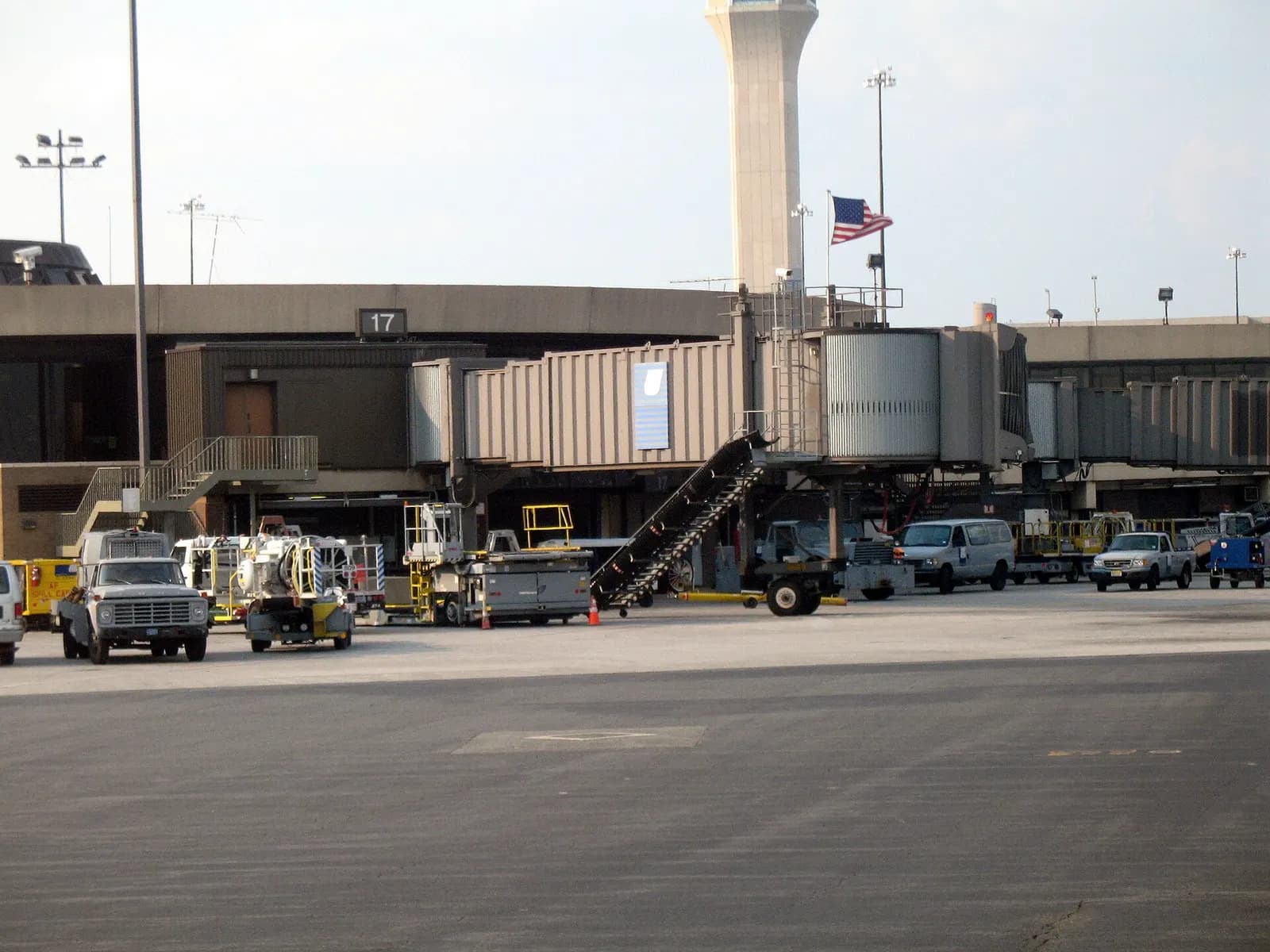 An American flag flies over Gate 17 of Terminal A at Newark Liberty International Airport. On September 11, 2001, United Airlines Flight 93 pushed back from the gate at 8:01 am, headed for San Francisco. Passengers learned about the coordinated attacks, and overtook the airplane, crashing it into a 