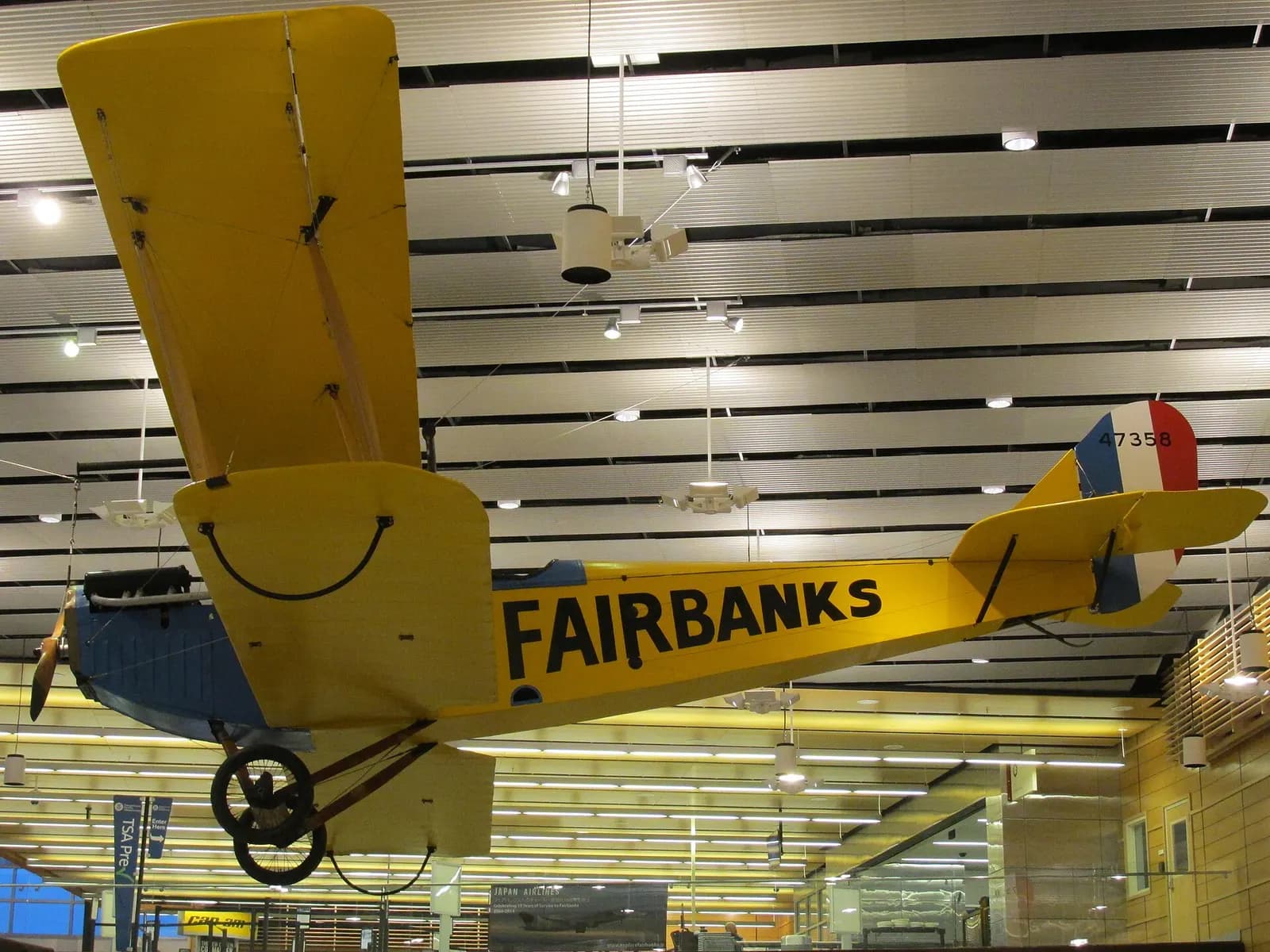 Replica of Carl Ben Eielson’s Jenny hanging in the Fairbanks International Airport main terminal, 2014