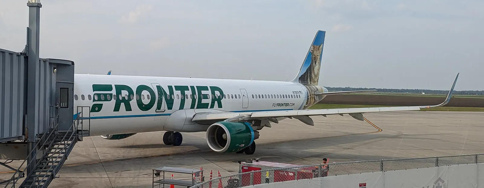 Frontier Airlines Airbus N715FR on the ramp at Hector International Airport in August 2024.