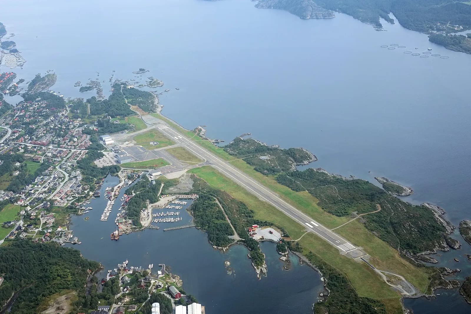 Aerial view of Florø Airport and Florelandet just after take-off on a commercial flight toward Bergen.