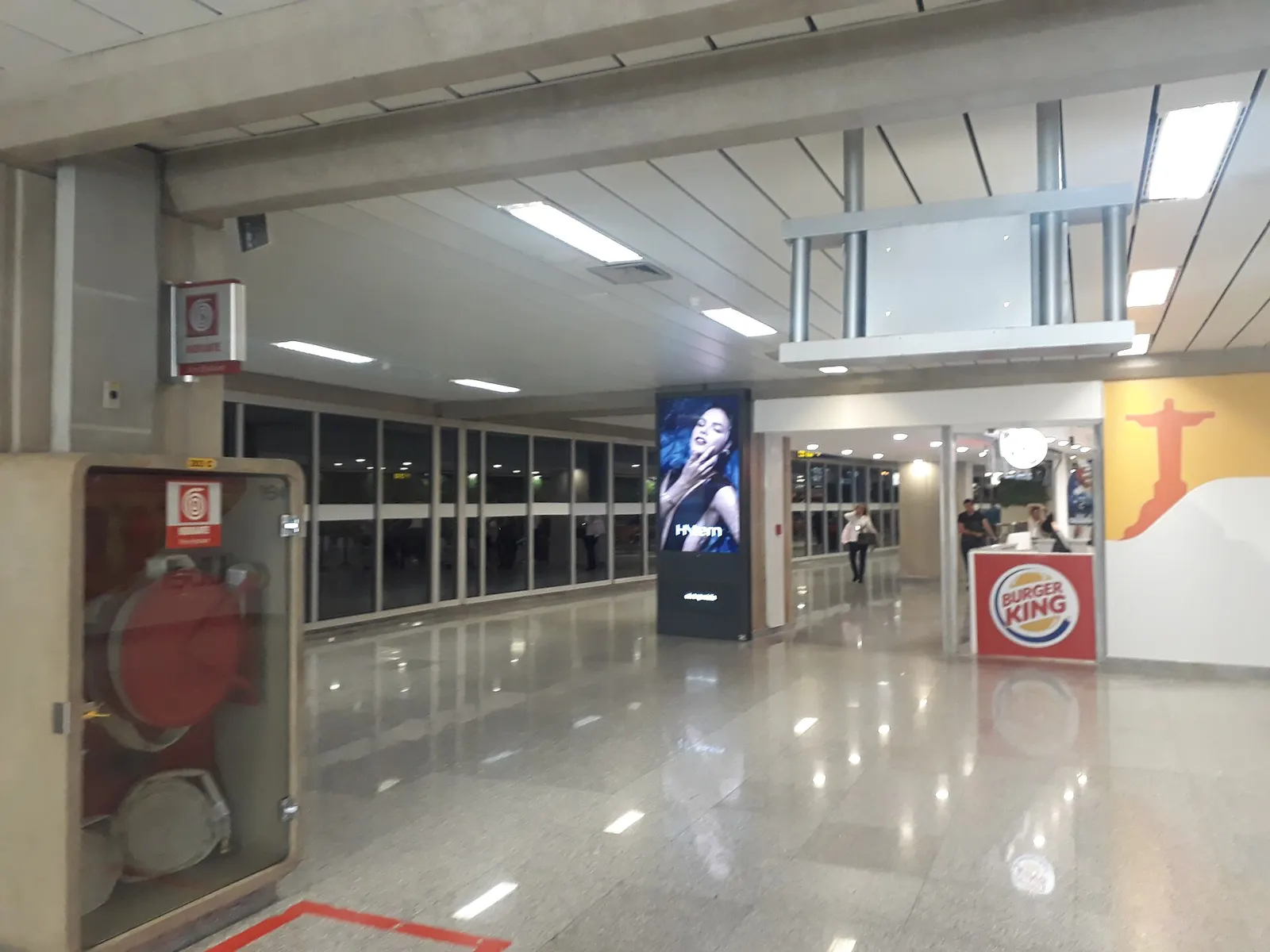 Long indoor arrival corridor in Terminal 2 with tiled floors, overhead lighting, and directional signage for domestic passengers.