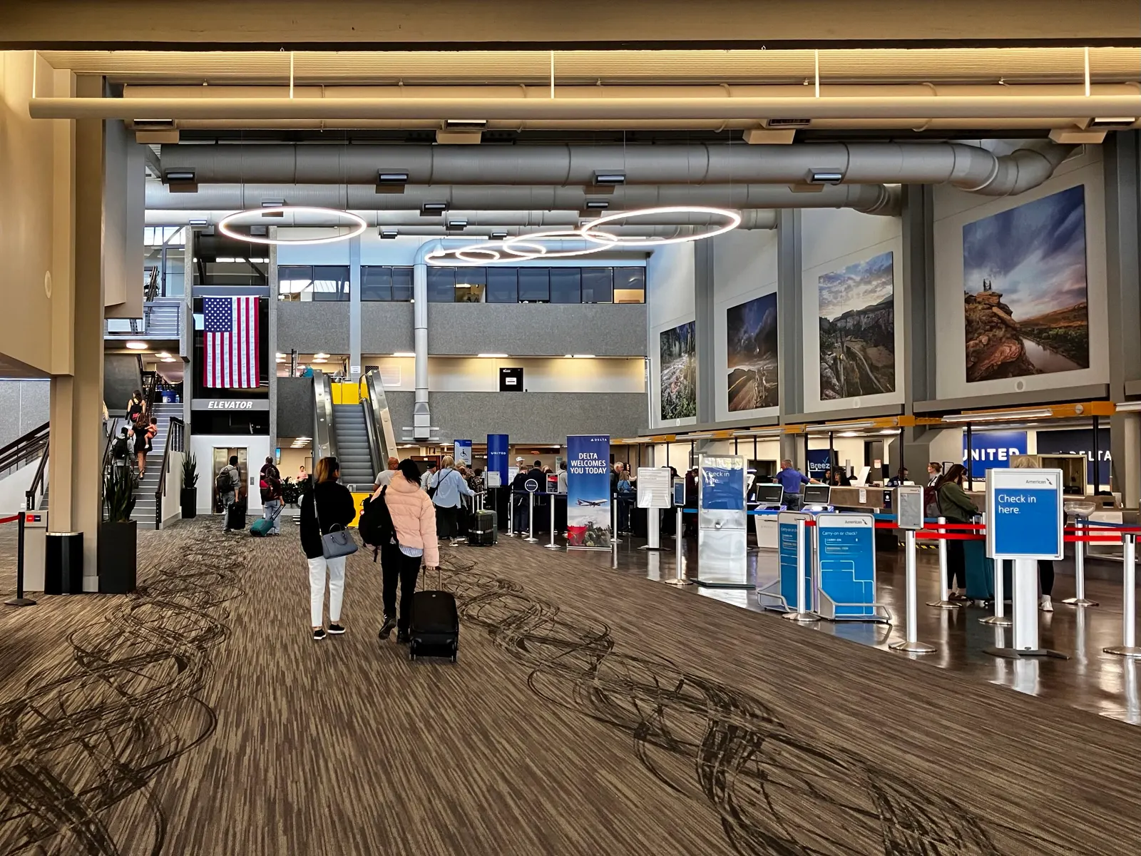 Ticket-counter row inside Grand Junction Regional Airport, May 2025.