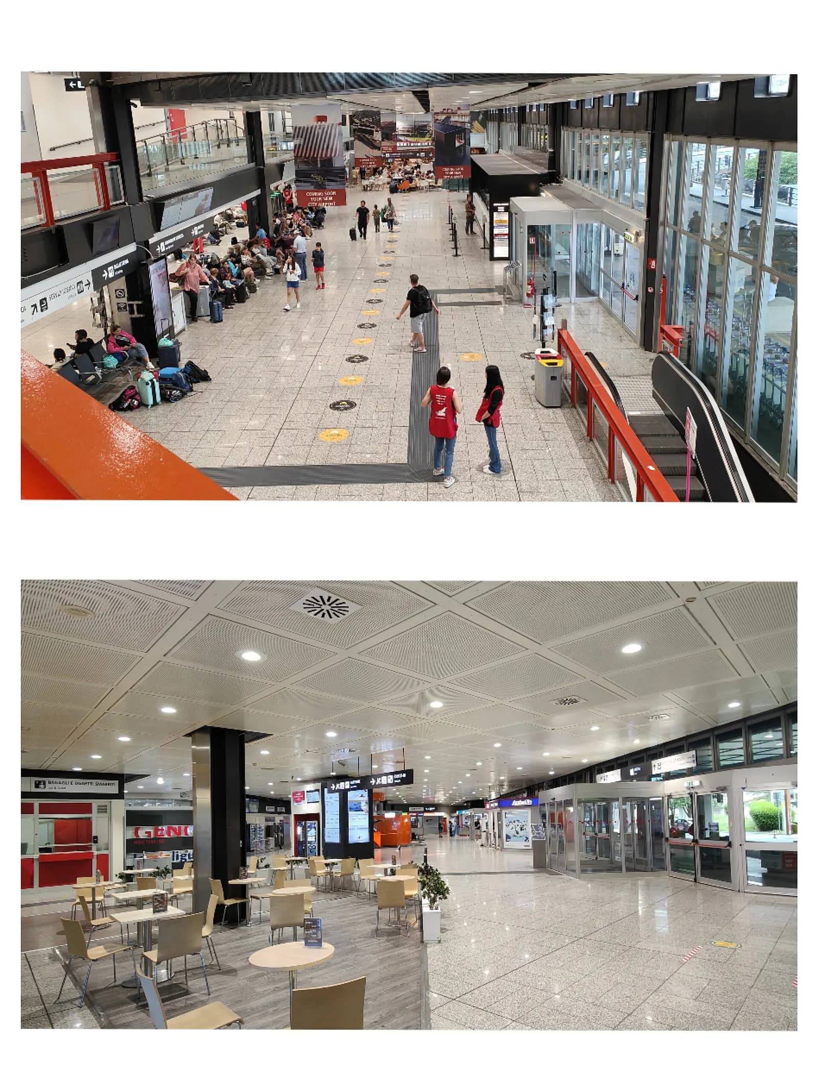 Genoa Cristoforo Colombo Airport landside hall — departures mezzanine over check-in and arrivals café level