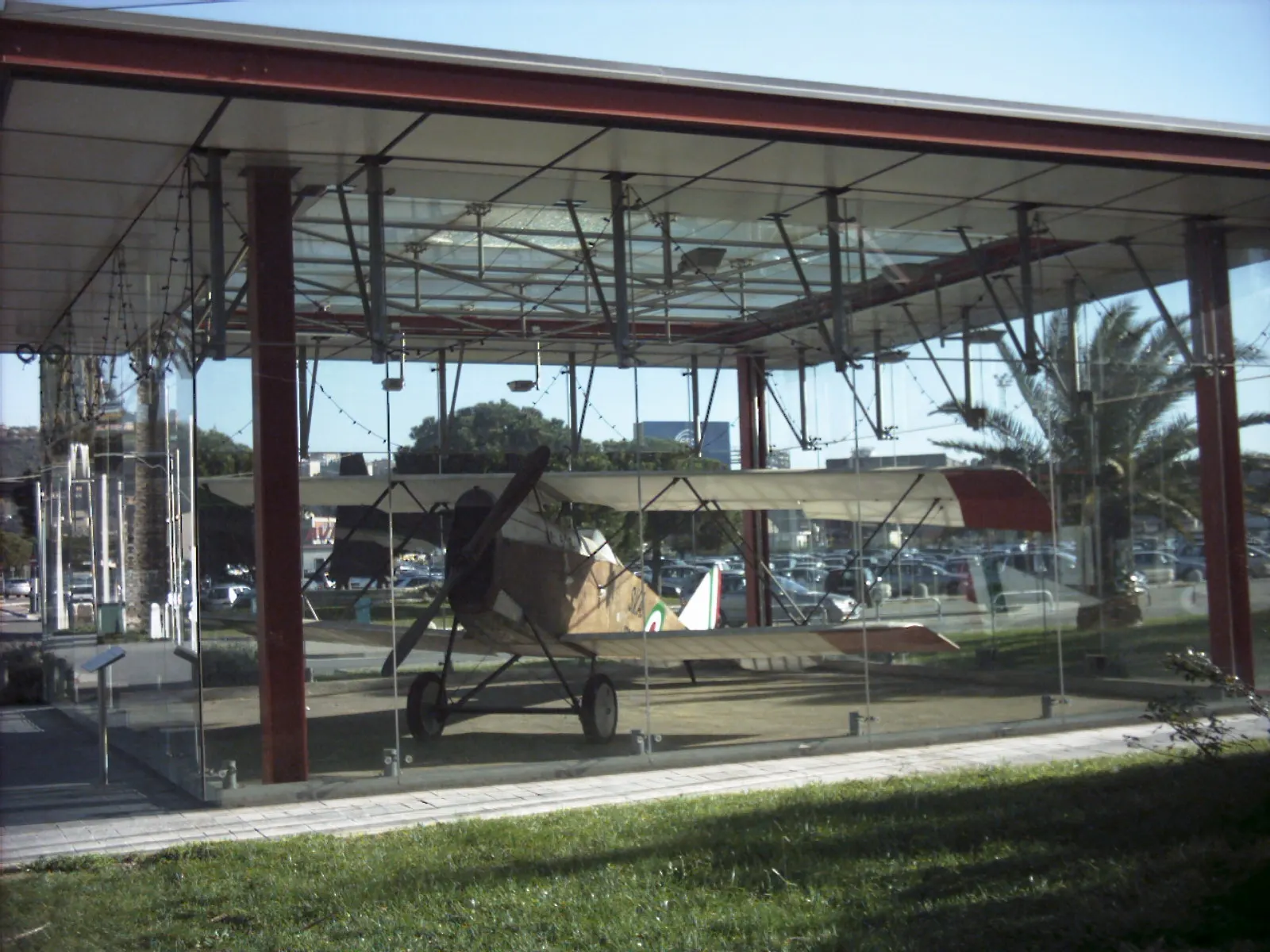 Historic aircraft display at the landside entrance of Genoa Cristoforo Colombo Airport