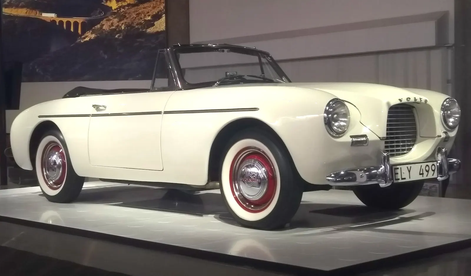 Showroom condition Volvo Sport (P1900) 1956 model, on display at the arrivals hall of Göteborg Landvetter airport in Gothenburg, Sweden; photo taken in May 2019