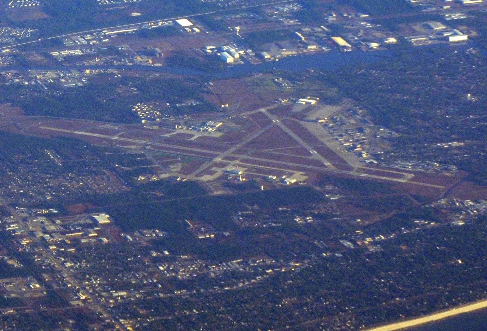 Night aerial of Gulfport–Biloxi International Airport runways and terminal campus, 28 January 2012