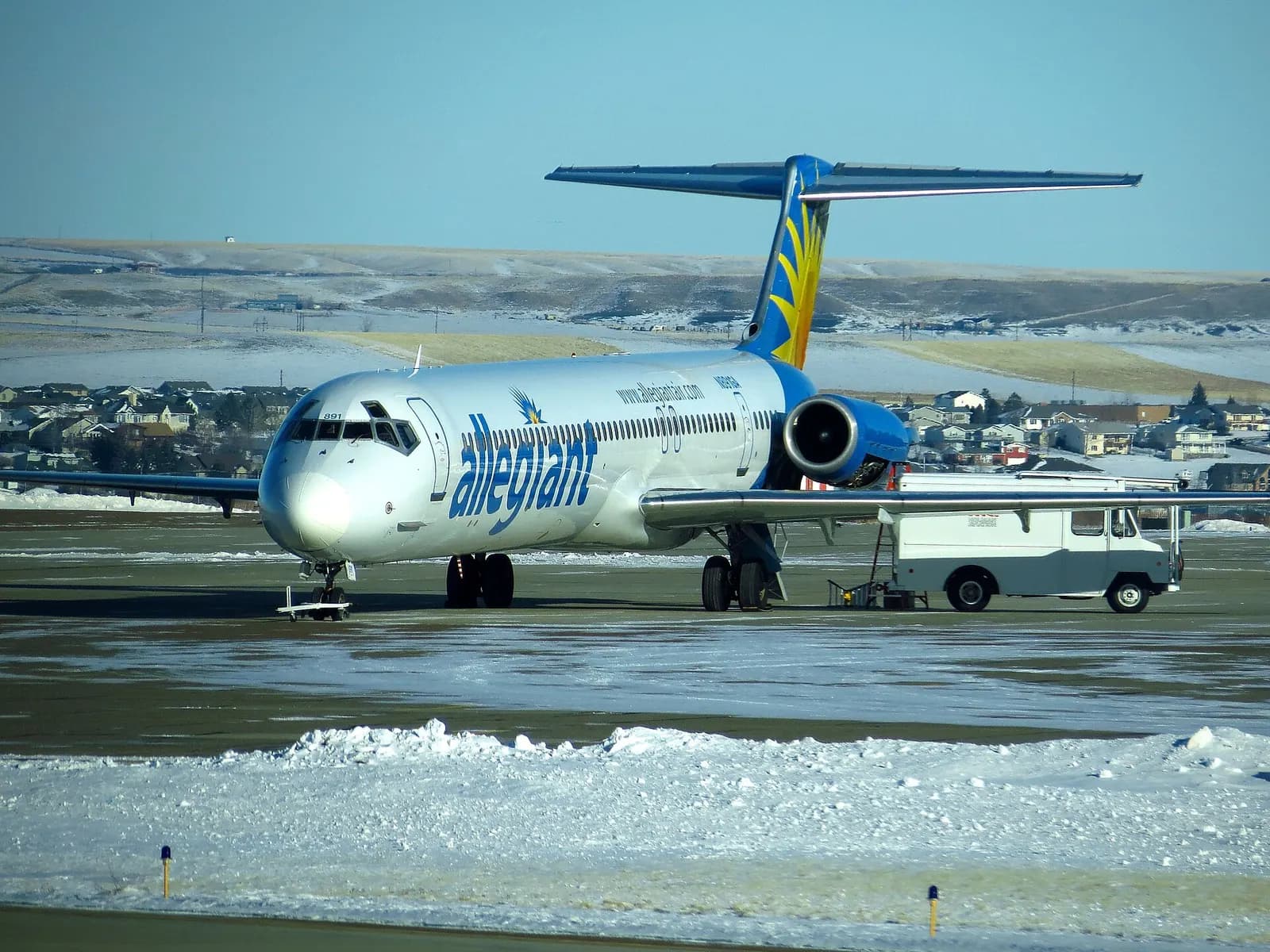 Allegiant Air MD-83 parked at Great Falls International Airport.