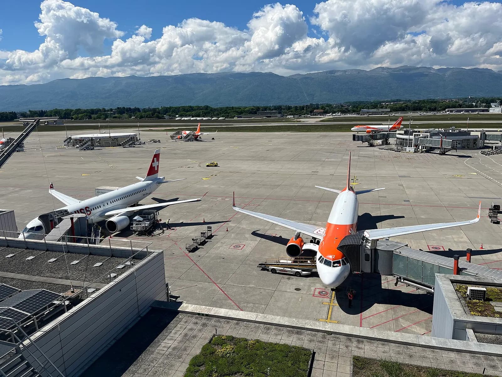 A wide view of parked aircraft and the apron at Geneva Airport as seen from the public panorama terrace.