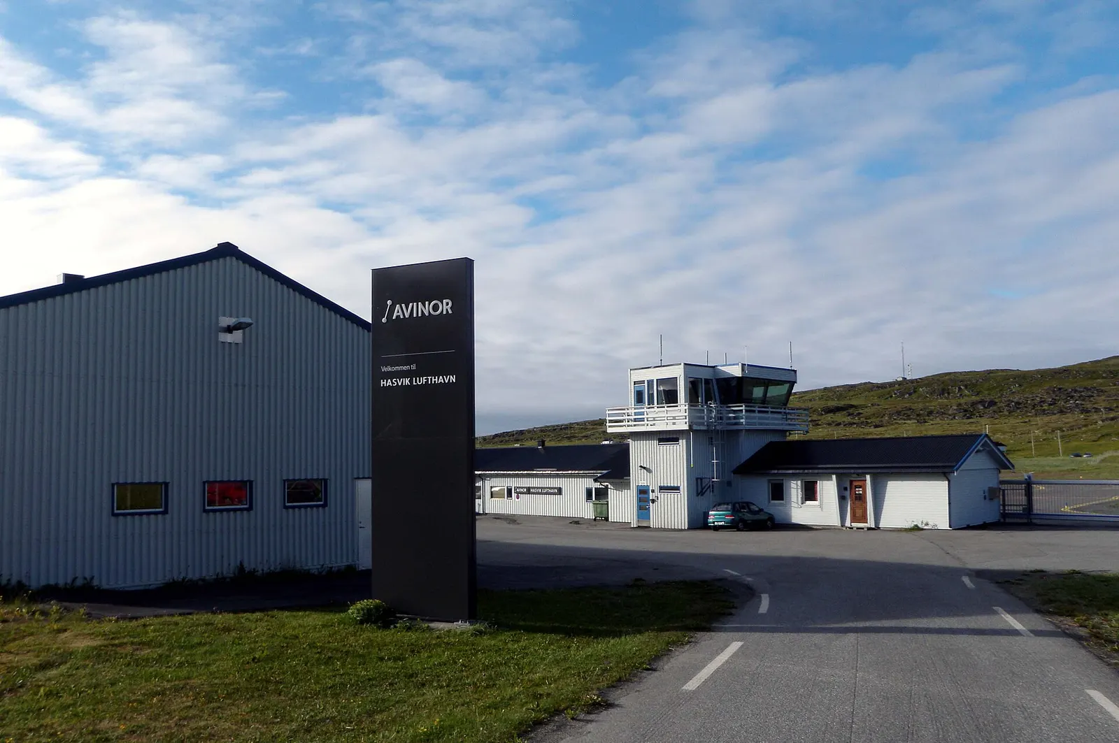 View of the terminal building and tower of Hasvik Airport , in Hasvik , Finnmark, Norway.