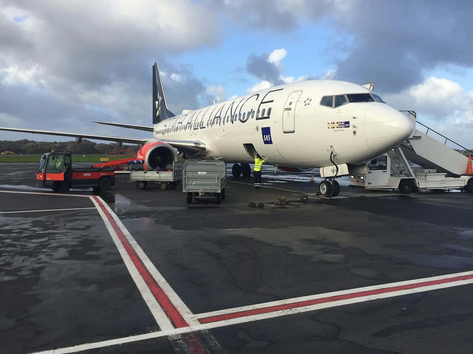 SAS aircraft being unloaded at Haugesund Airport Karmøy