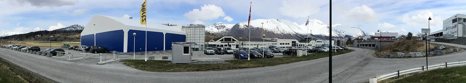 Front façade of Ørsta–Volda Airport, Hovden under clear skies, April 2015