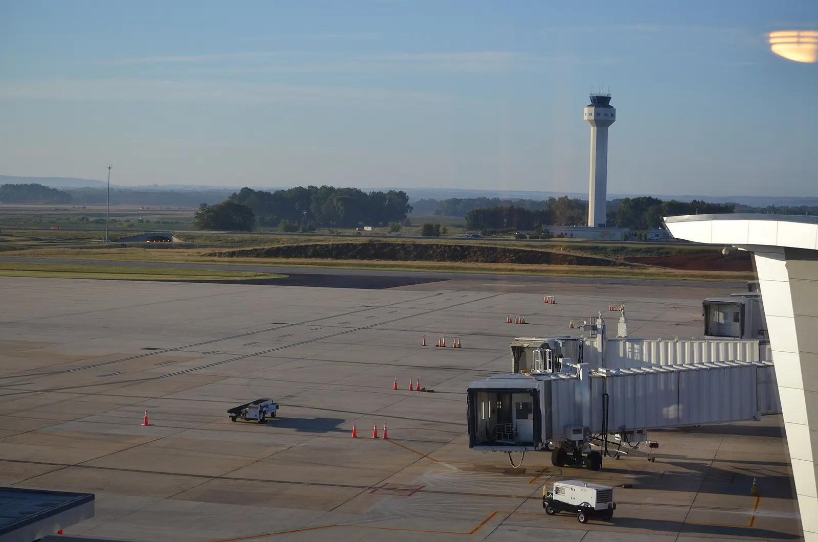 Civil air-traffic control tower and terminal exterior at Huntsville International Airport in September 2014.