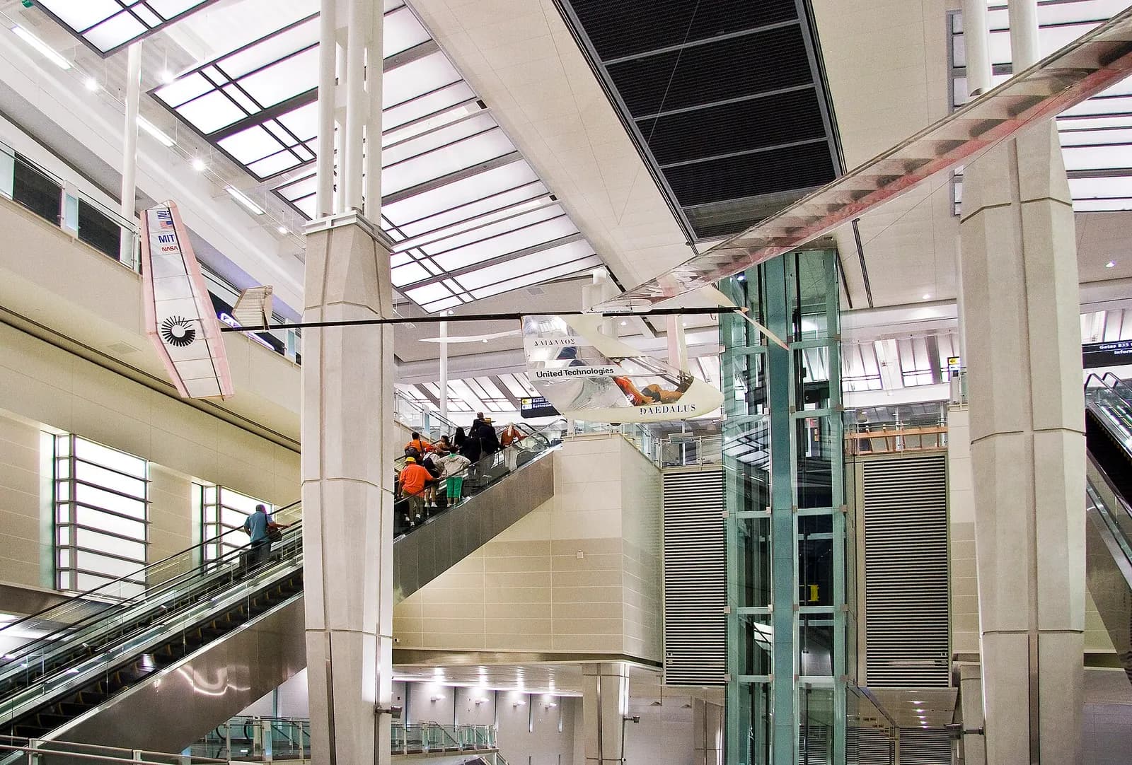 MIT Daedalus 87 human-powered aircraft on display in the transit concourse, Dulles International Airport Terminal B, near Washington, D.C.