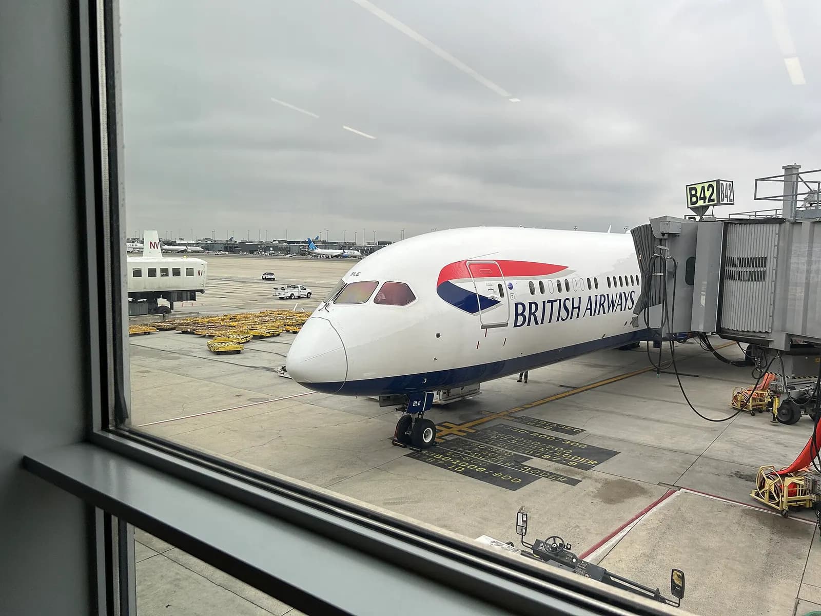 G-ZBLE, a Boeing 787-10 Dreamliner operated by British Airways, sitting at Gate B42 in IAD after arriving from Heathrow Airport.
