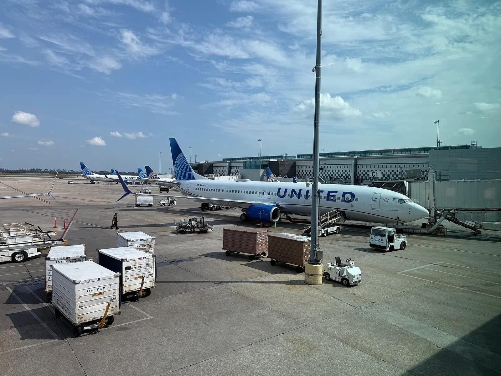 A United Airlines Boeing 737-900 at gate C1 at George Bush Intercontinental Airport in Houston, Harris County, Texas