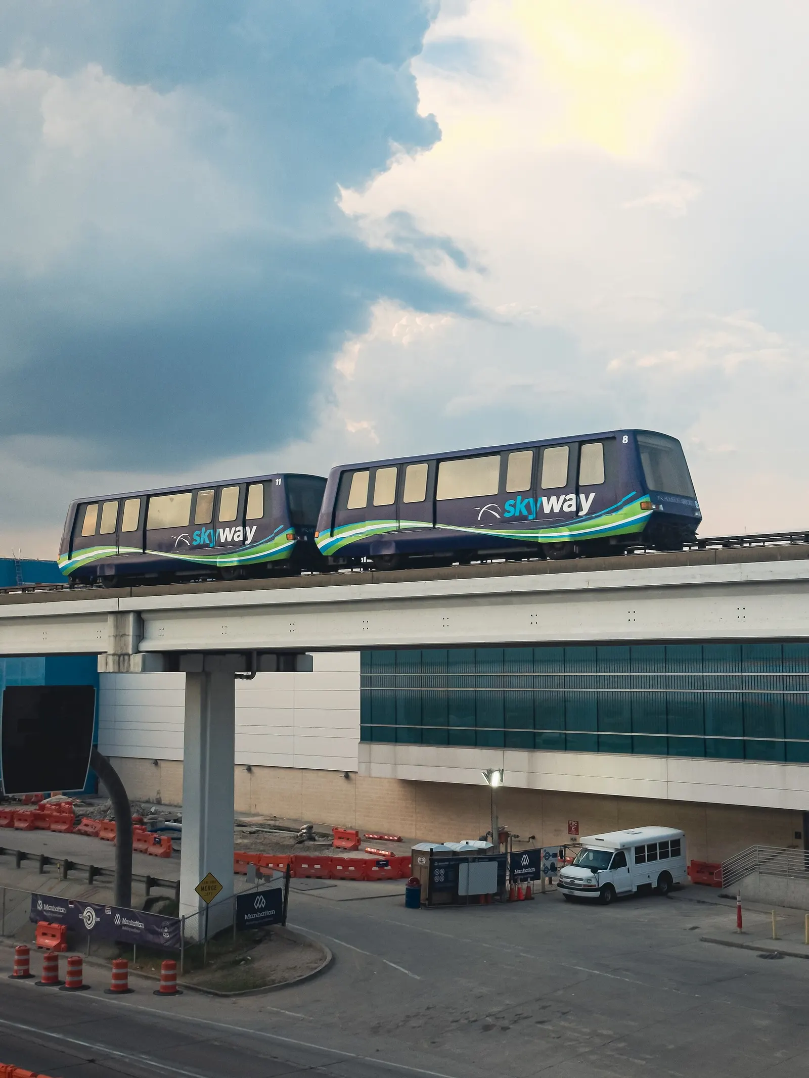 The automated Skyway train car on an elevated track connecting terminals inside George Bush Intercontinental Airport.