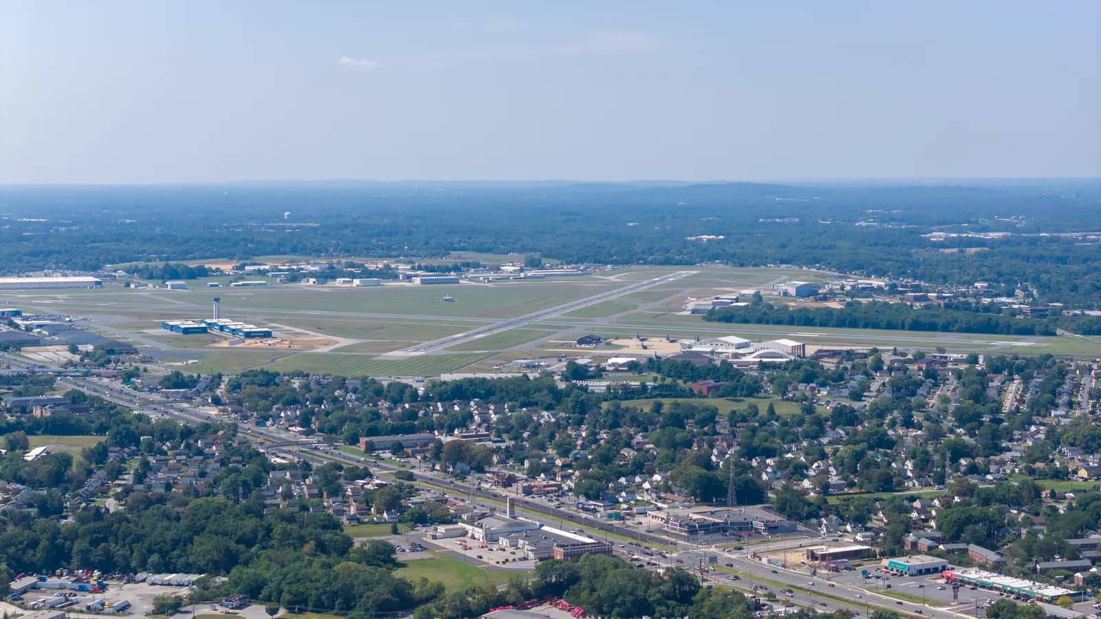 Aerial view of Wilmington Airport looking across the commercial field and runways on 14 September 2025.