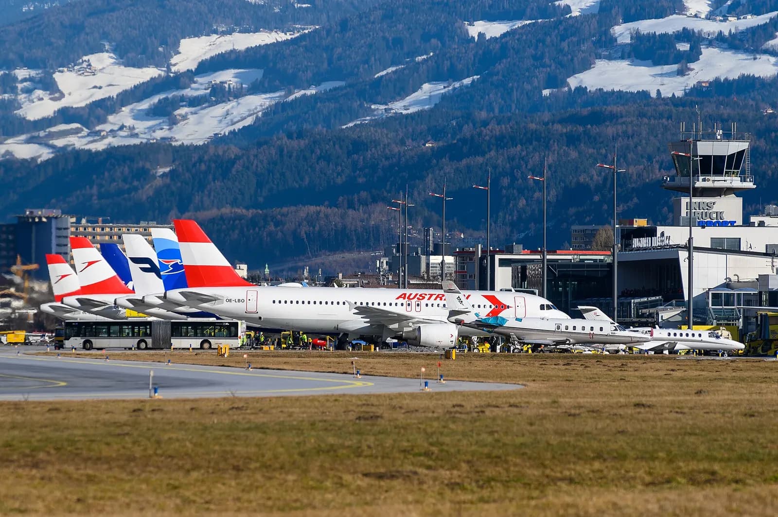 Innsbruck Airport terminal exterior in winter, February 2020
