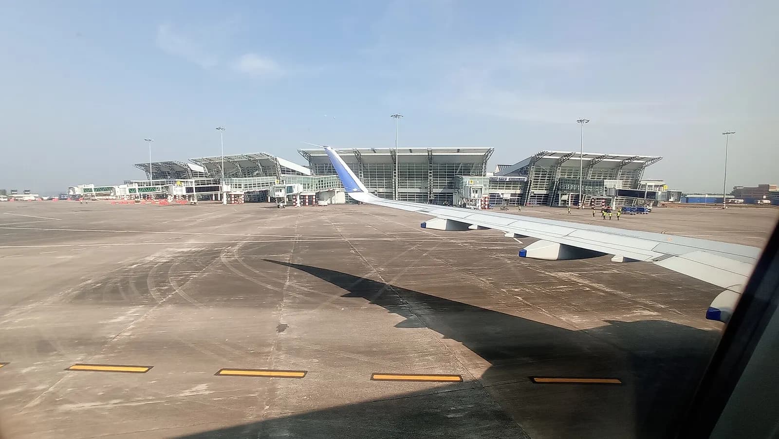 This is a panoramic view of the Mangalore Airport terminal building will all 6 aerobridges installed and functional.