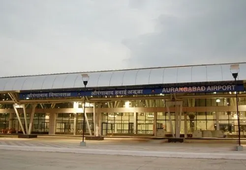 Aurangabad Airport landside façade with AURANGABAD AIRPORT signage