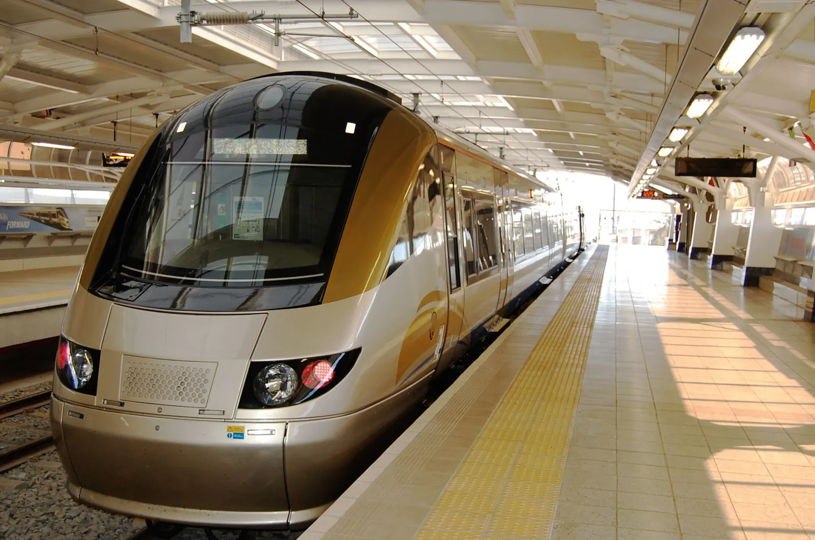 A Gautrain commuter train at the O.R. Tambo International Airport station, linking the airport to Johannesburg and Pretoria.