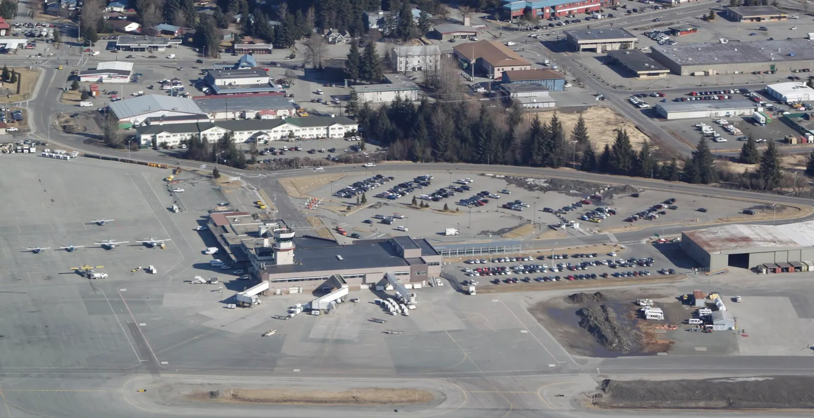 Aerial view of Juneau International Airport’s main terminal photographed 31 March 2014.