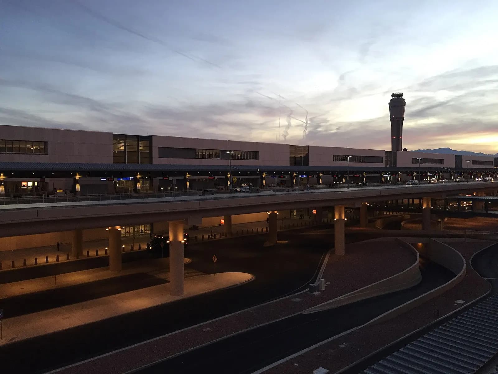 Exterior of Terminal 3 viewed from the pedestrian bridge linking the parking garage to the terminal.