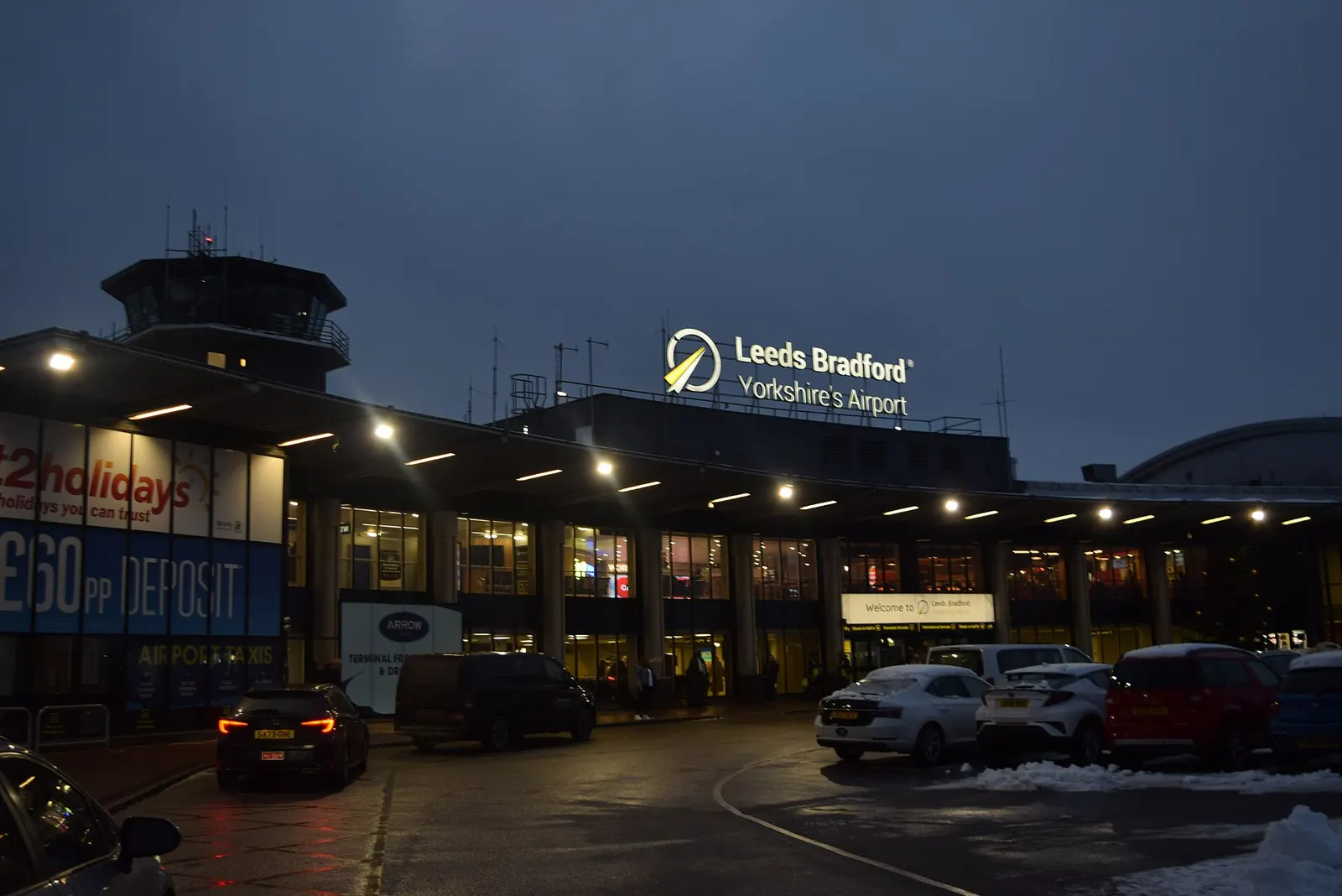 Terminal at night in the snow, Leeds Bradford Airport, Leeds, West Yorkshire. Taken on the afternoon of Saturday the 11th January 2025.