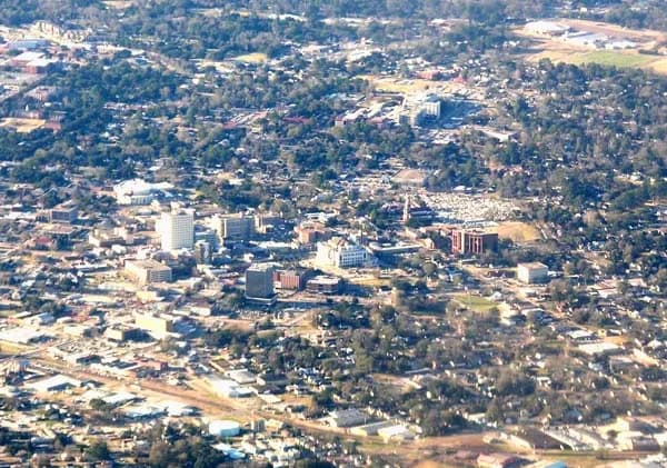 Downtown Lafayette, Louisiana, photographed from an airplane leaving Lafayette Regional Airport, February 2008.