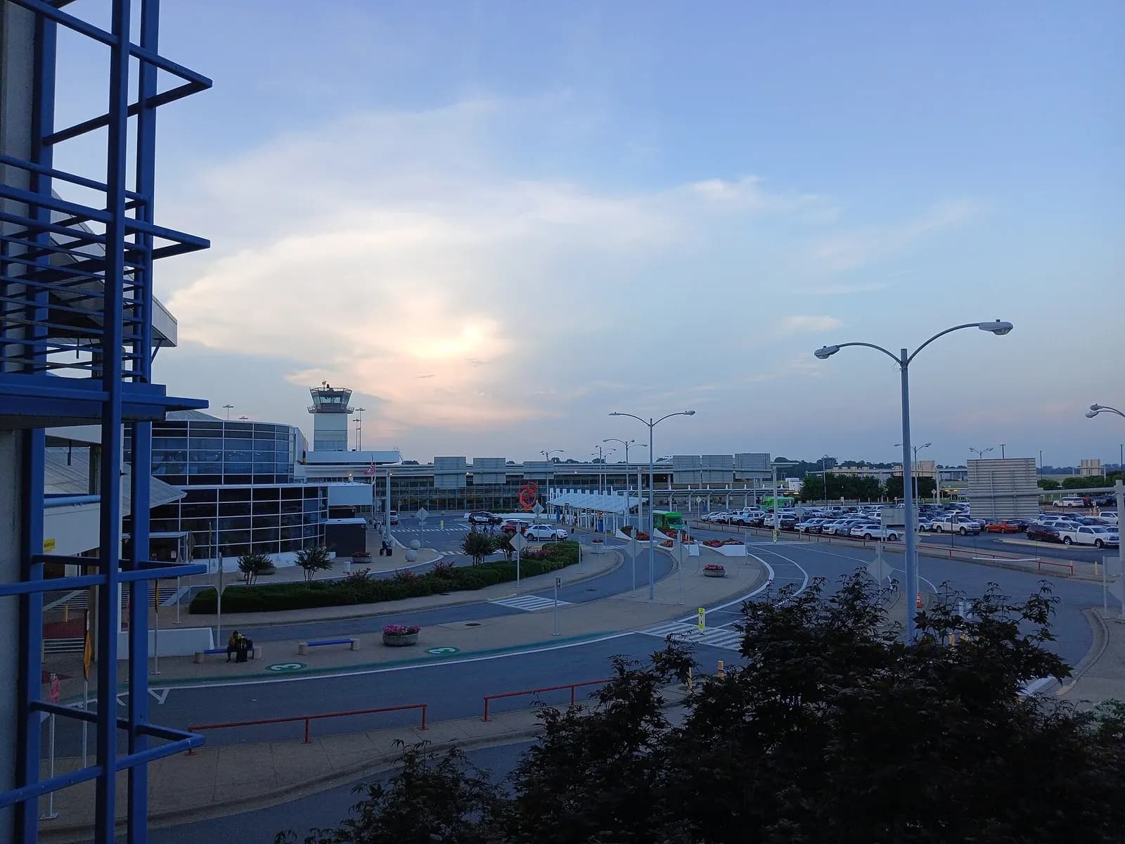 Clinton National Airport terminal seen at dusk from the parking garage on 4 July 2024.