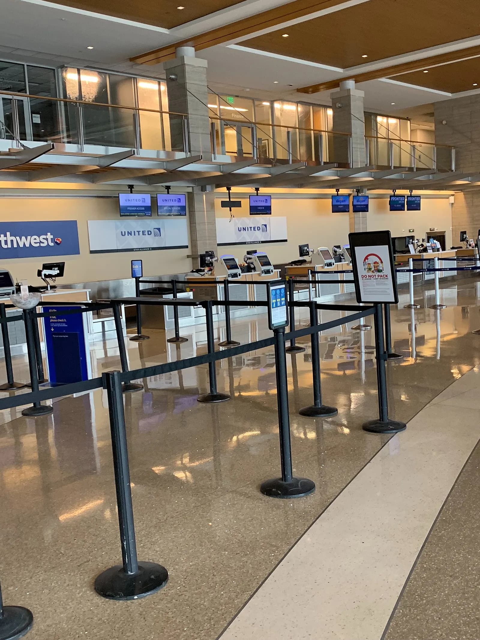 Southwest and United ticket counters at Clinton National Airport, photographed 1 November 2018.