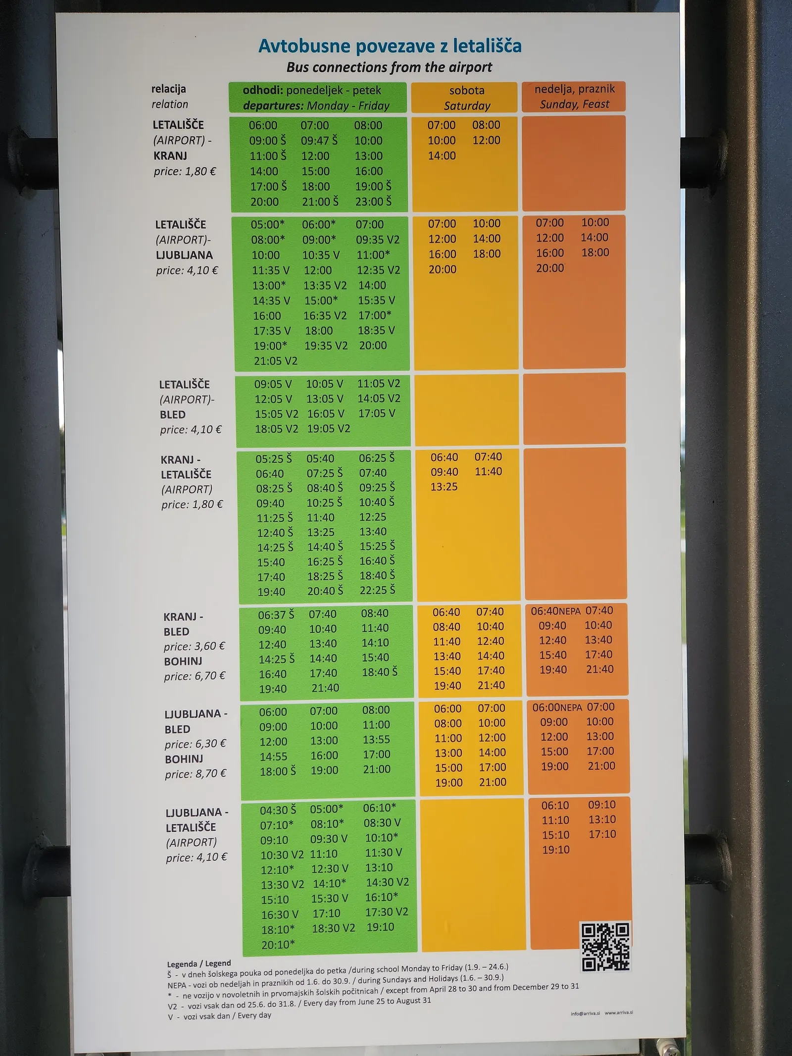 Airport bus connections board at Ljubljana Jože Pučnik Airport, 2023