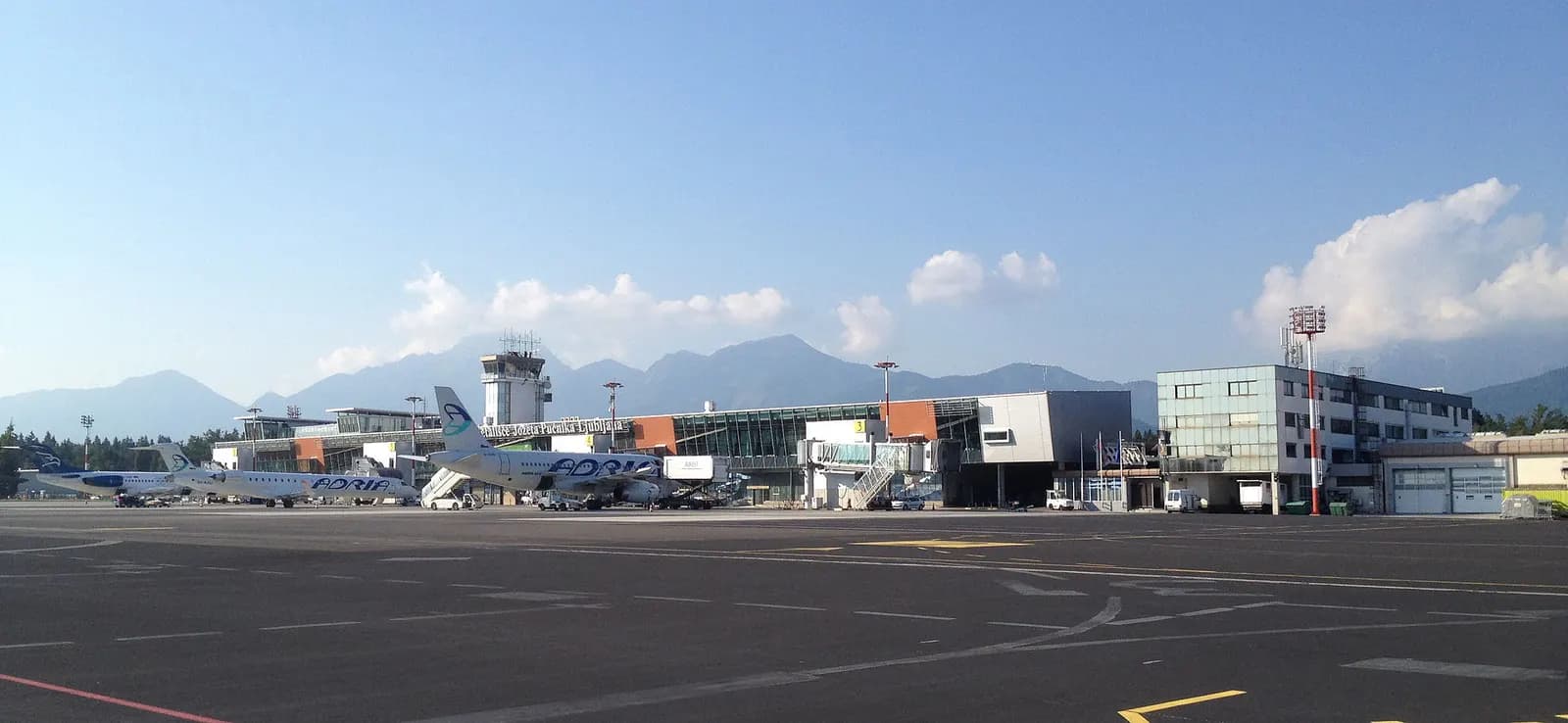 Ljubljana Airport apron with mountains beyond, 2015