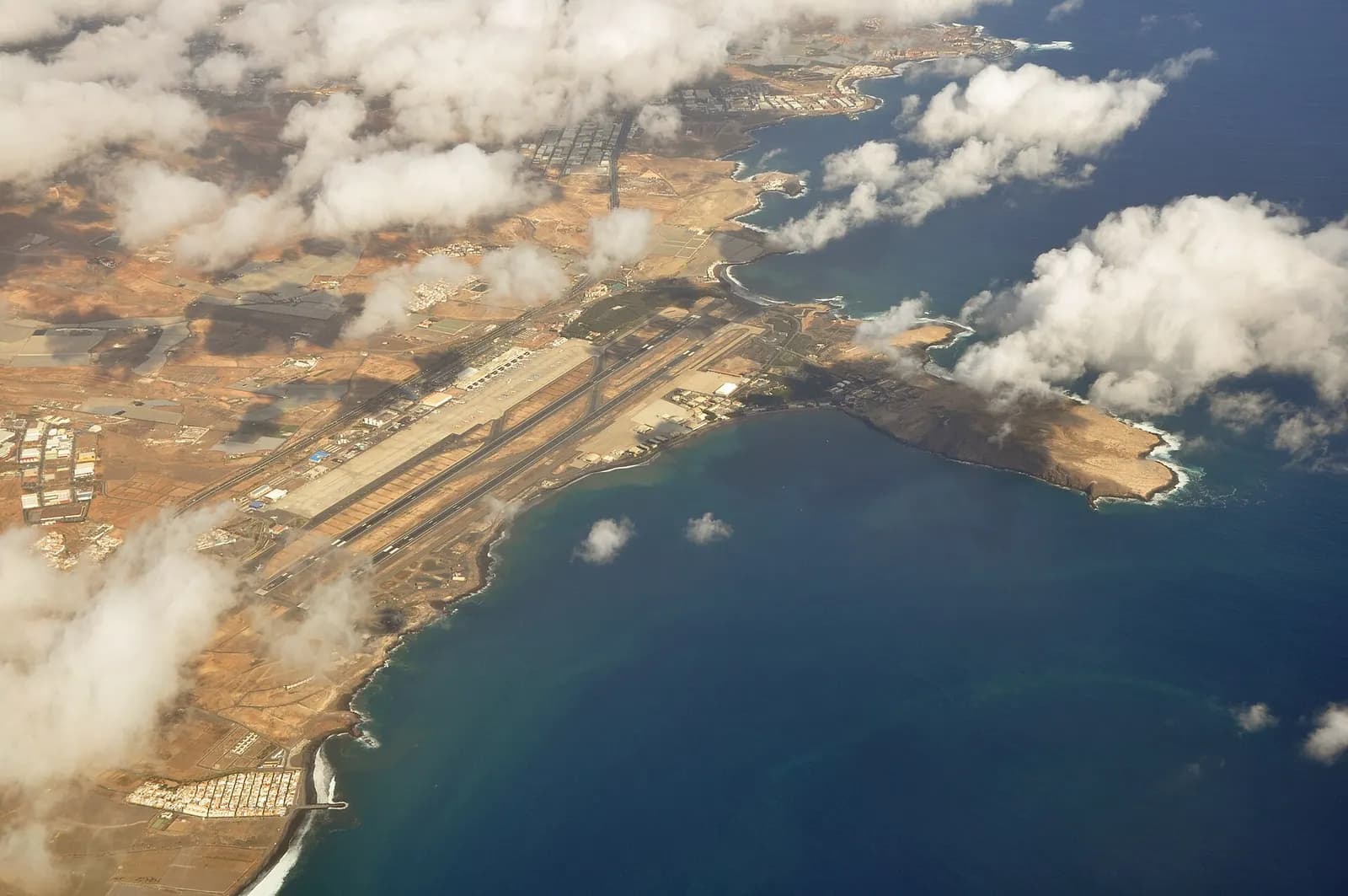 Aerial view of Gran Canaria Airport beside Bahía de Gando