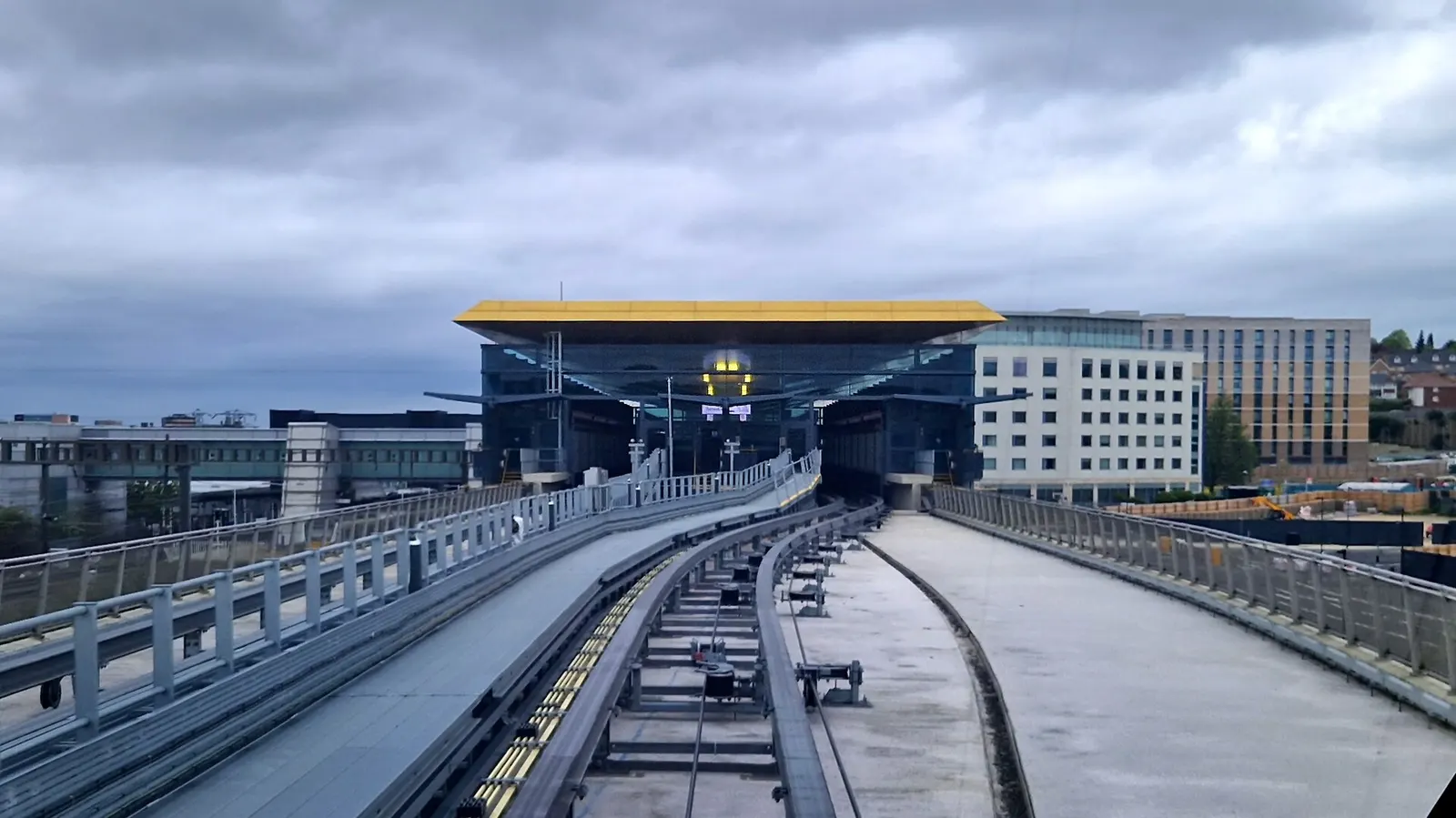 Luton DART people-mover train approaching Luton Airport Parkway station