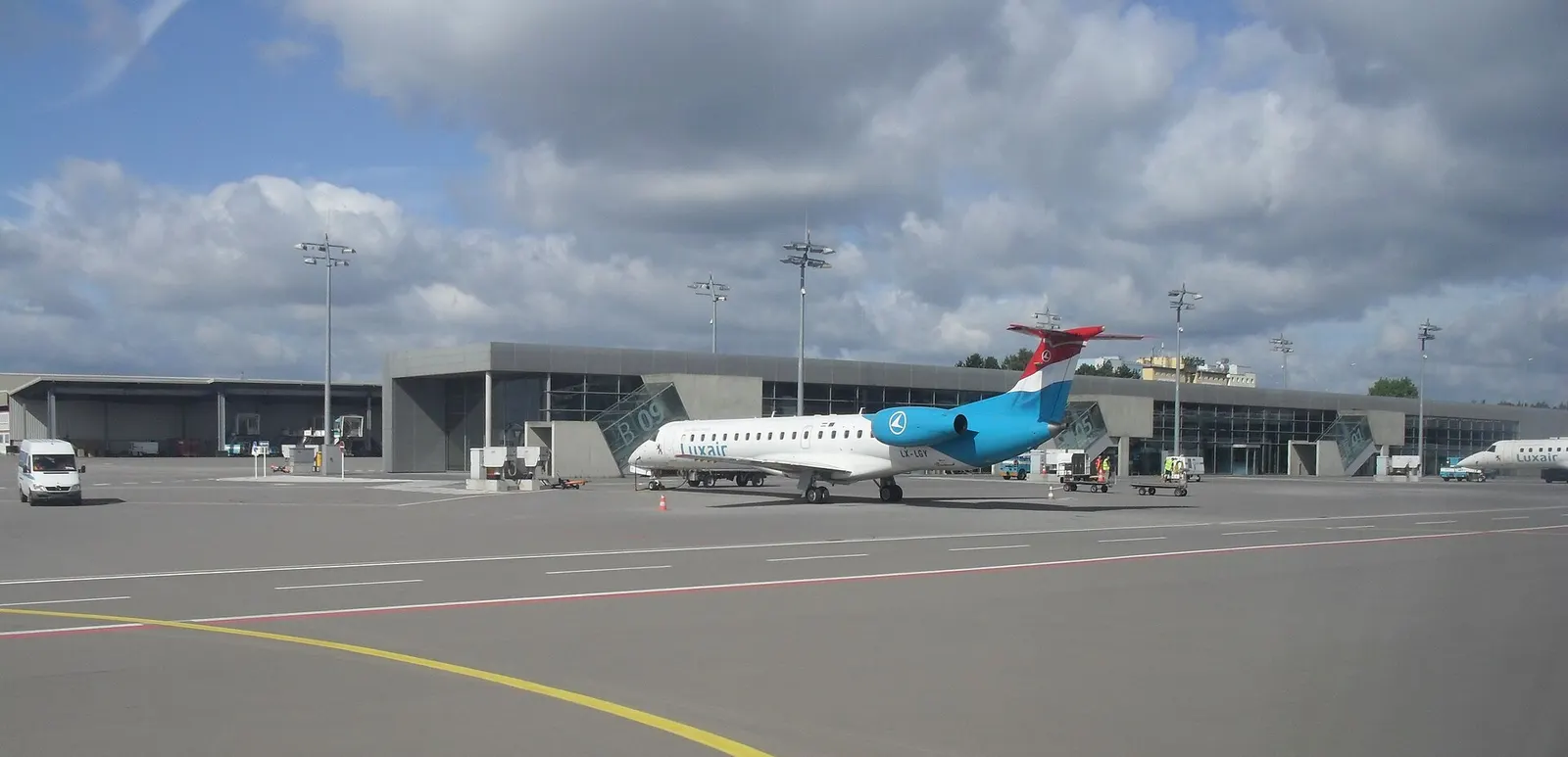 The terminal B at Findel airport, Luxembourg. View from plane after landing.