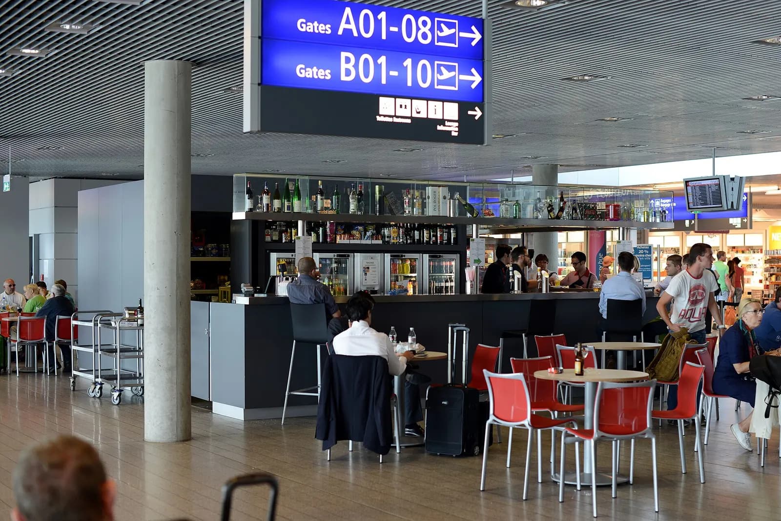The cafeteria, departure area at Luxembourg Findel Airport .