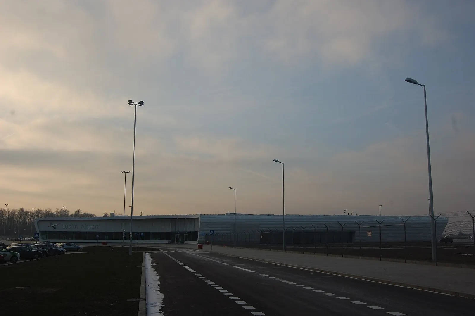 Lublin Airport terminal exterior from the approach road
