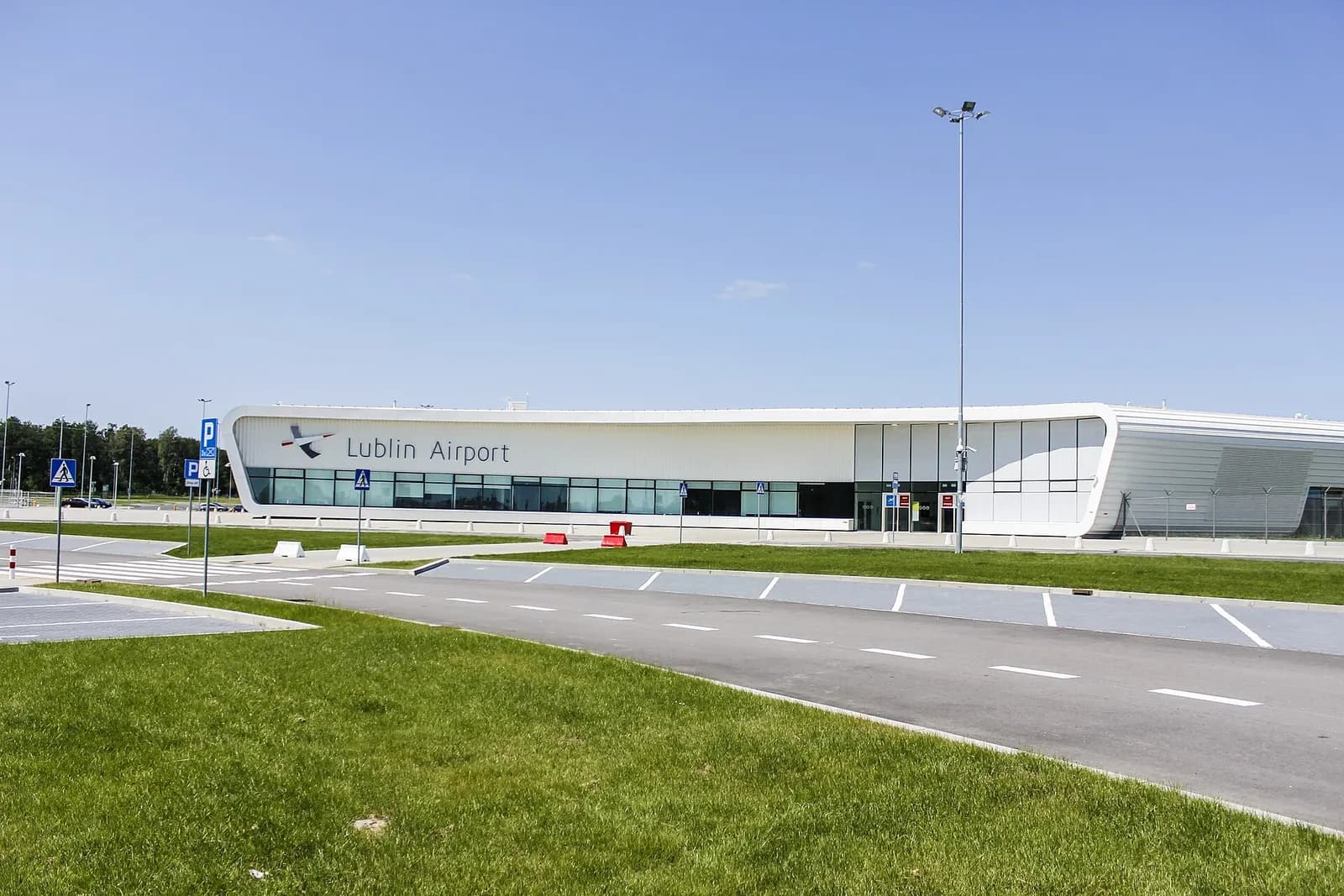 Lublin Airport terminal exterior on a sunny day