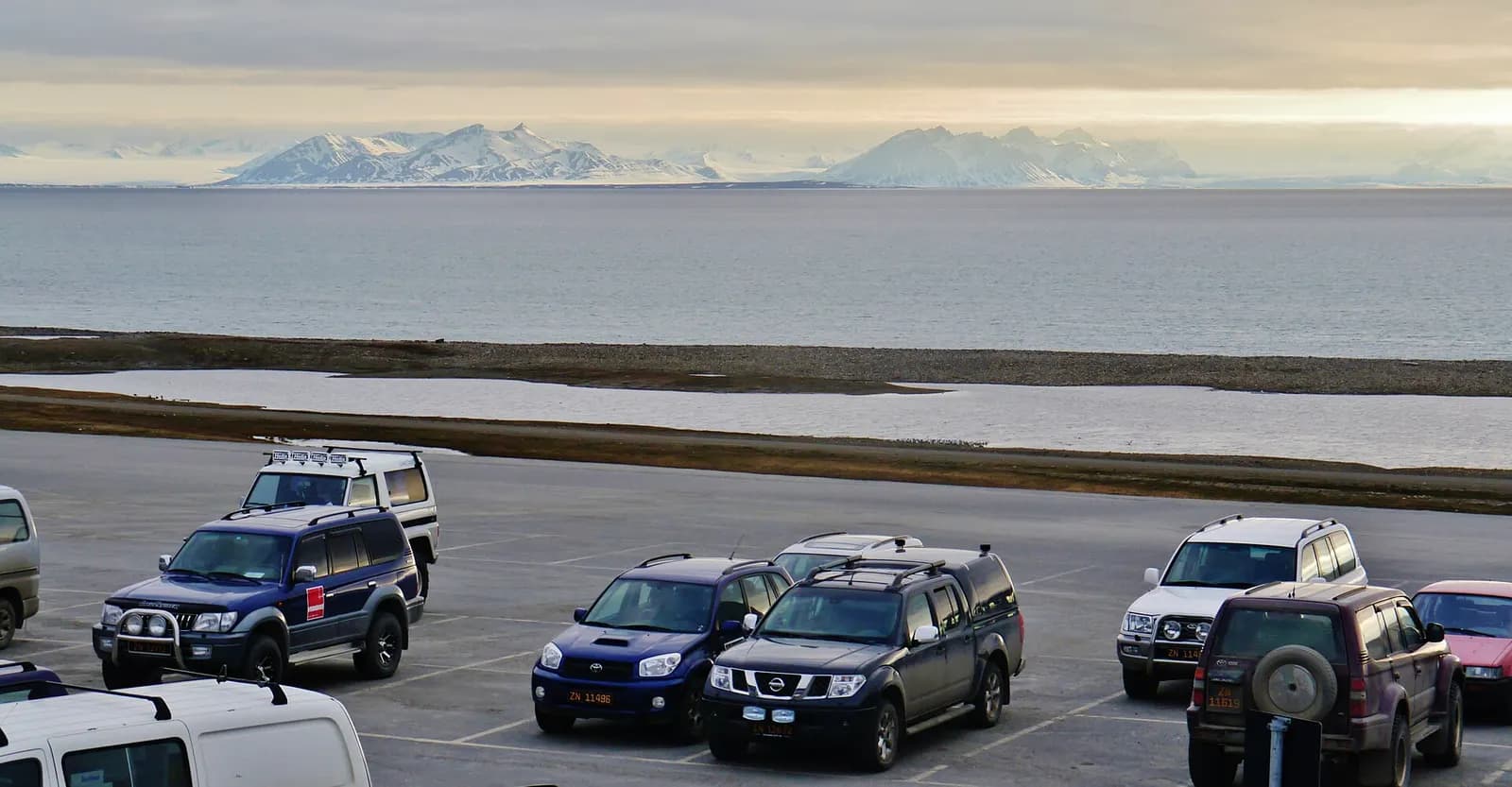 Parking Lot of Svalbard Airport at Midnight, Longyearbyen, Spitsbergen, Norway