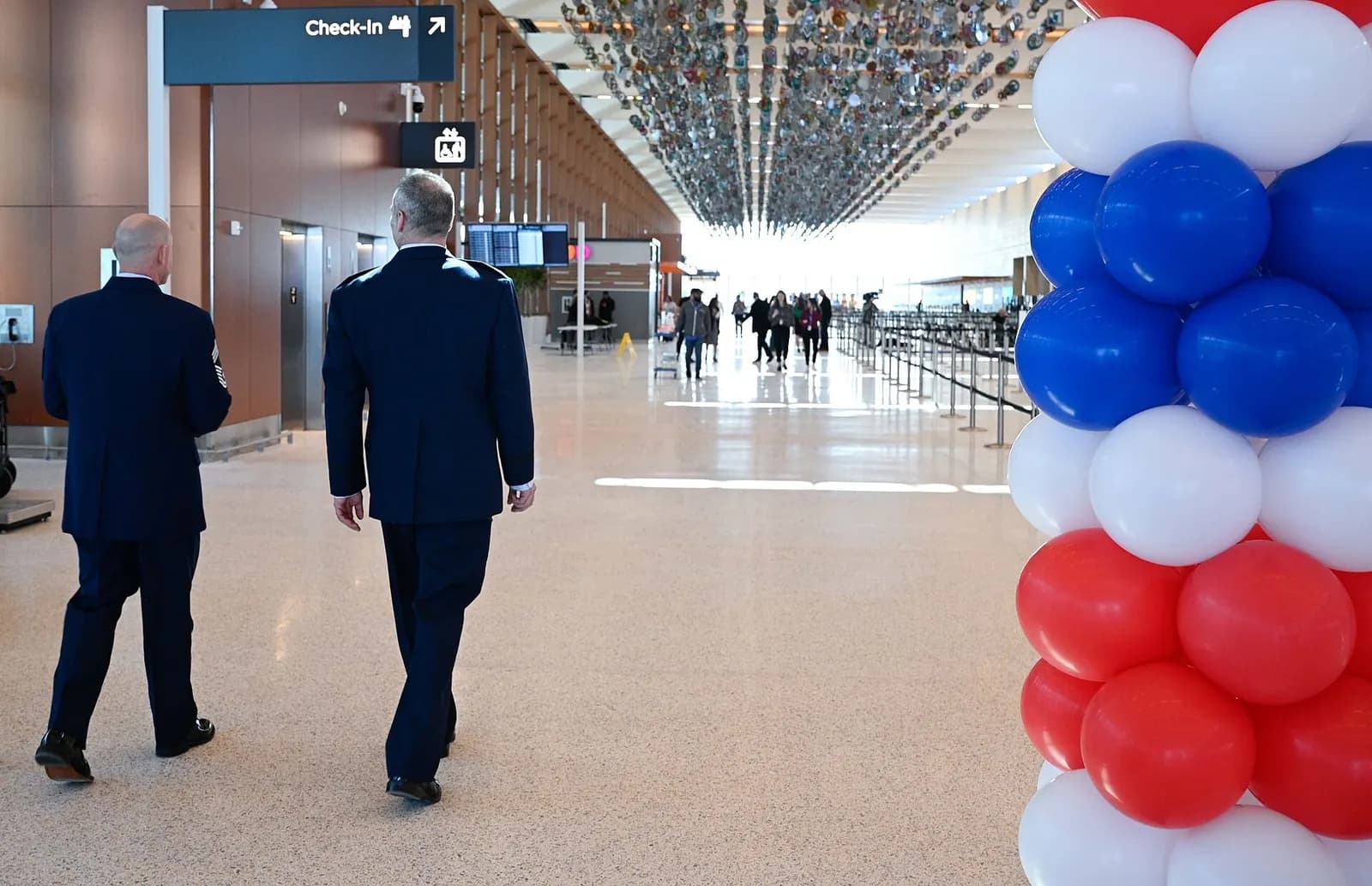 U.S. Air Force Chief Master Sergeant Michael O’Donnell, 509 Maintenance Group senior enlisted leader, and U.S. Air Force Col. Maxwell Dipietro, 509th Bomb Wing vice commander, walks around the new Kansas City International Airport terminal in Kansas City, Missouri, Feb. 27, 2023. Kansas City Interna
