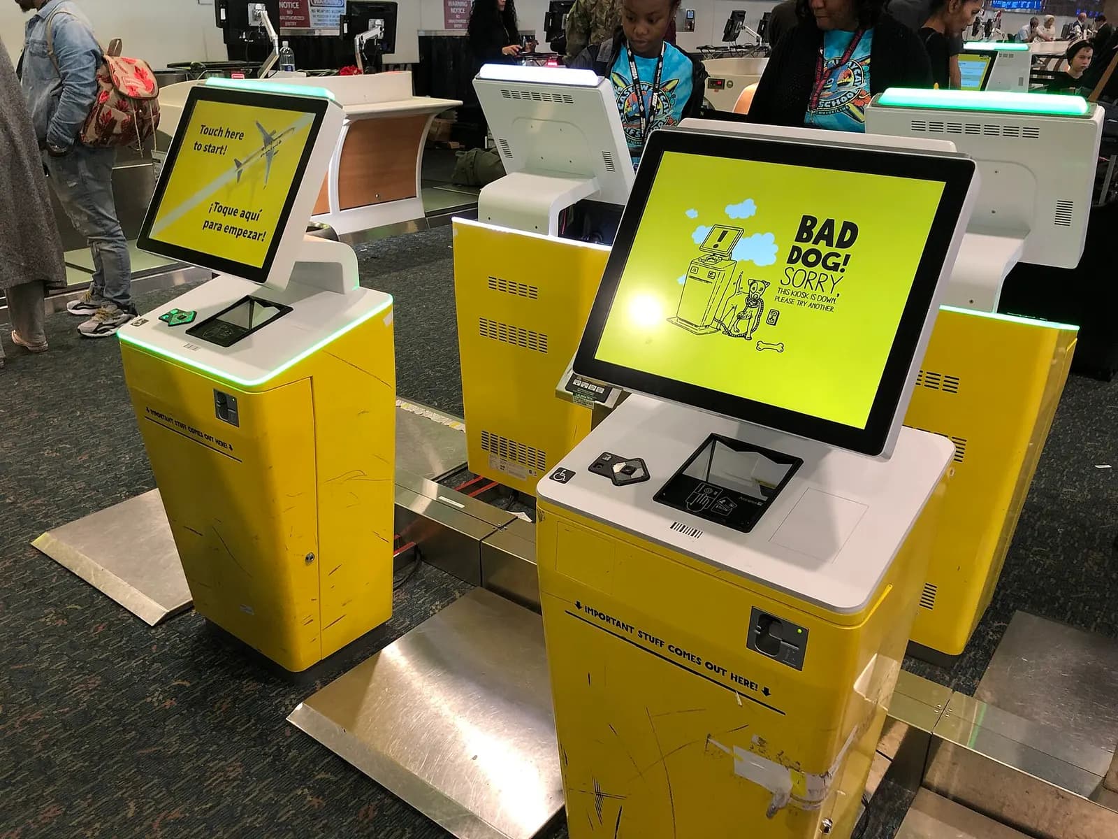 A row of Spirit Airlines self-service check-in kiosks in the Orlando International Airport departures hall during the busy holiday travel season.