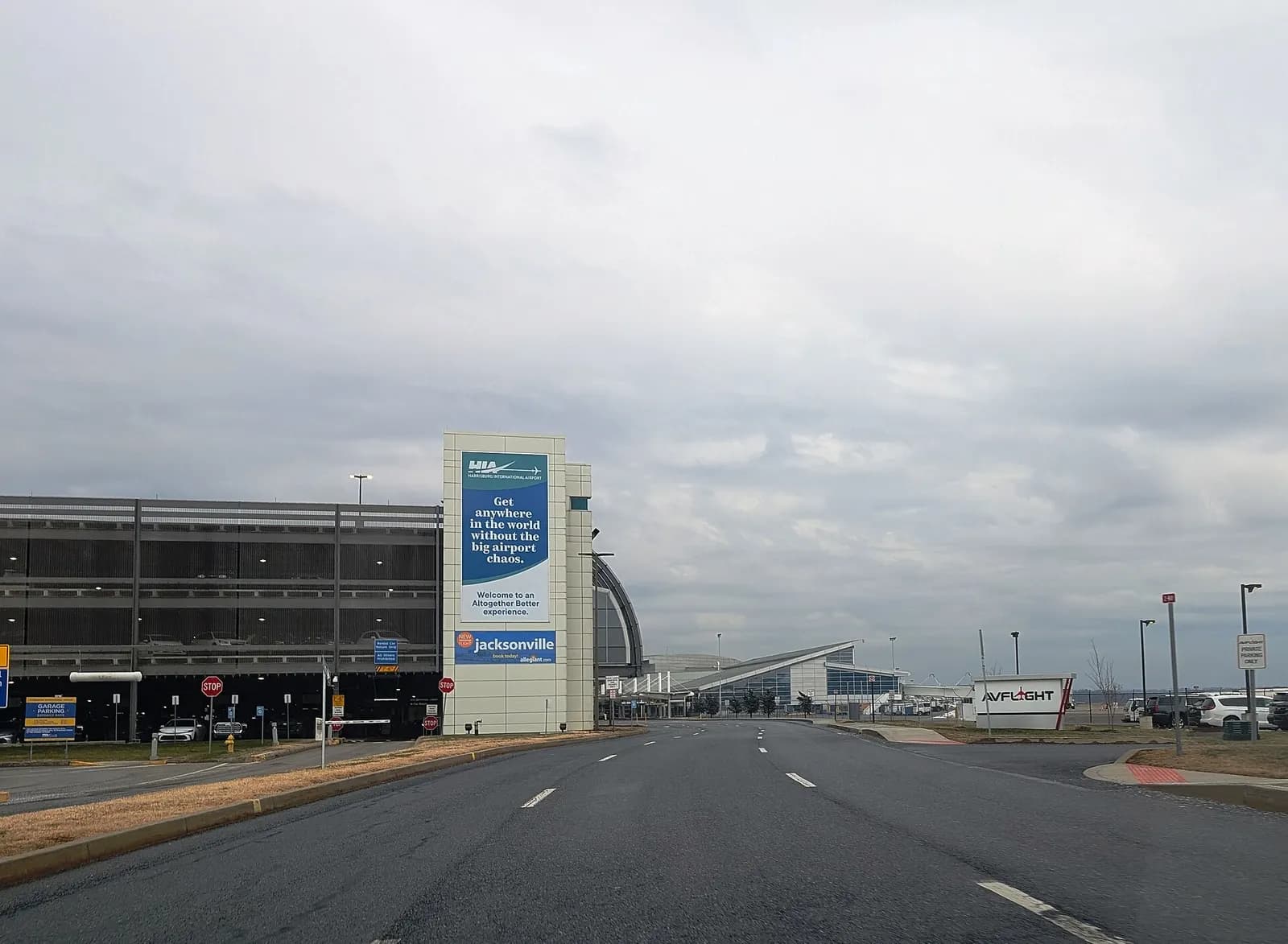 Harrisburg International Airport parking garage and passenger terminal building, January 2025
