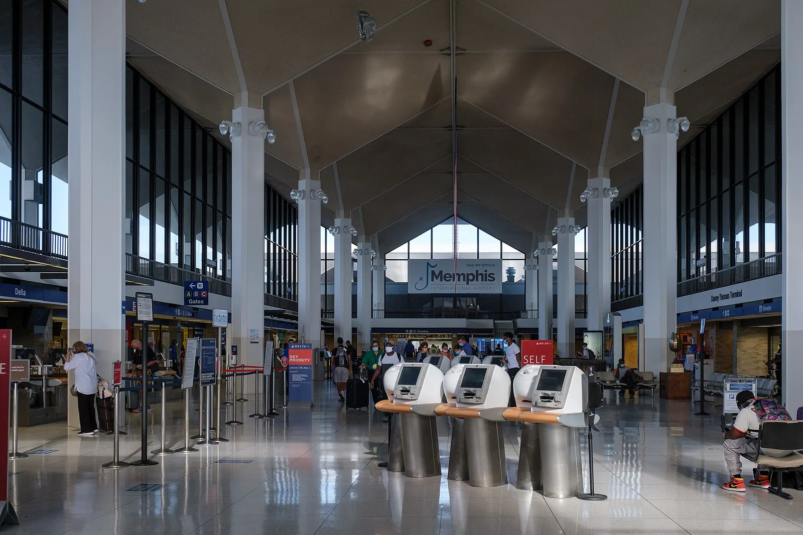 Check-in counters on the departures level of Memphis International Airport.