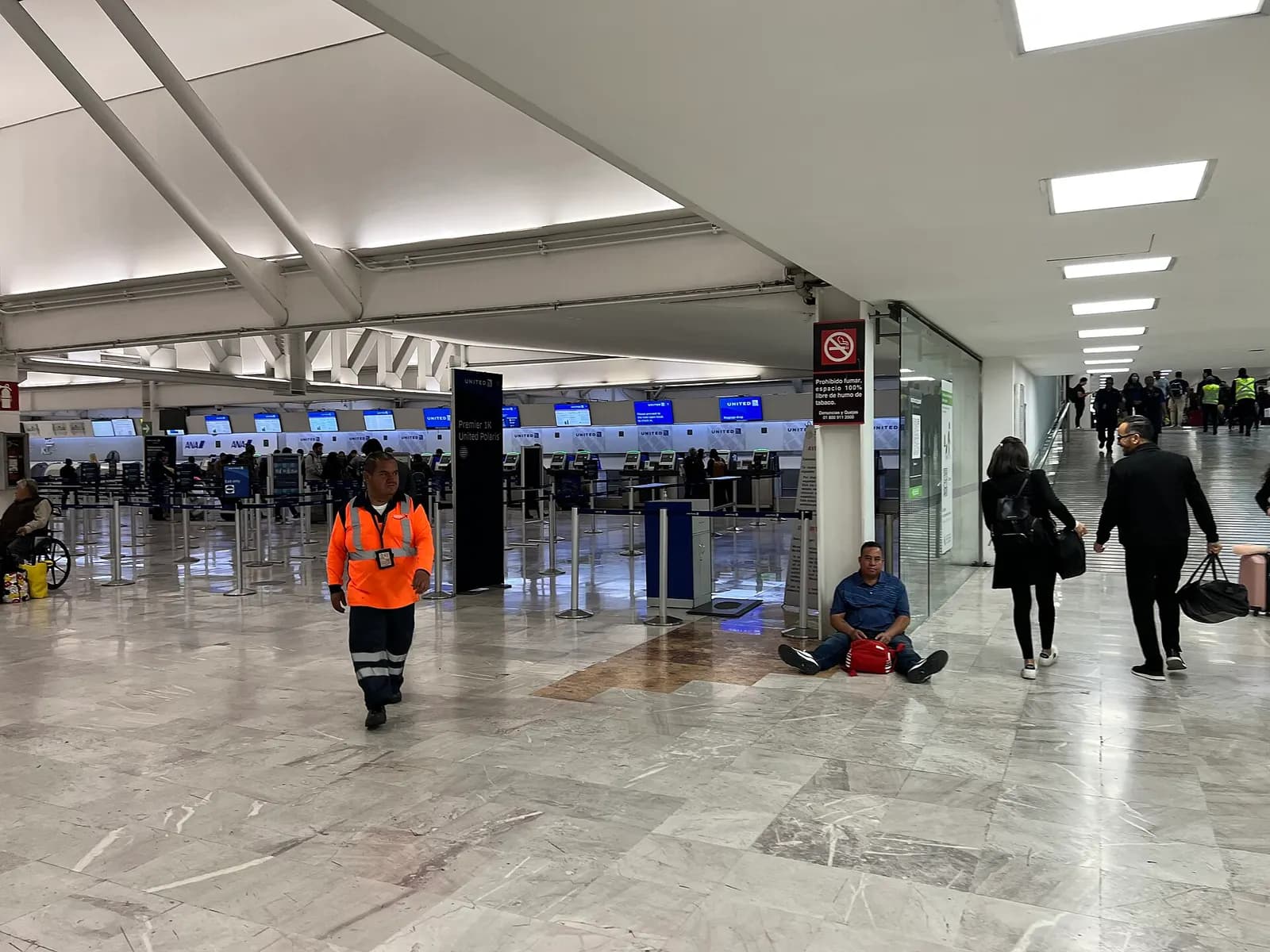 Row of international airline check-in counters in Terminal 1, with signage, queue lanes, and the departures hall stretching behind them.