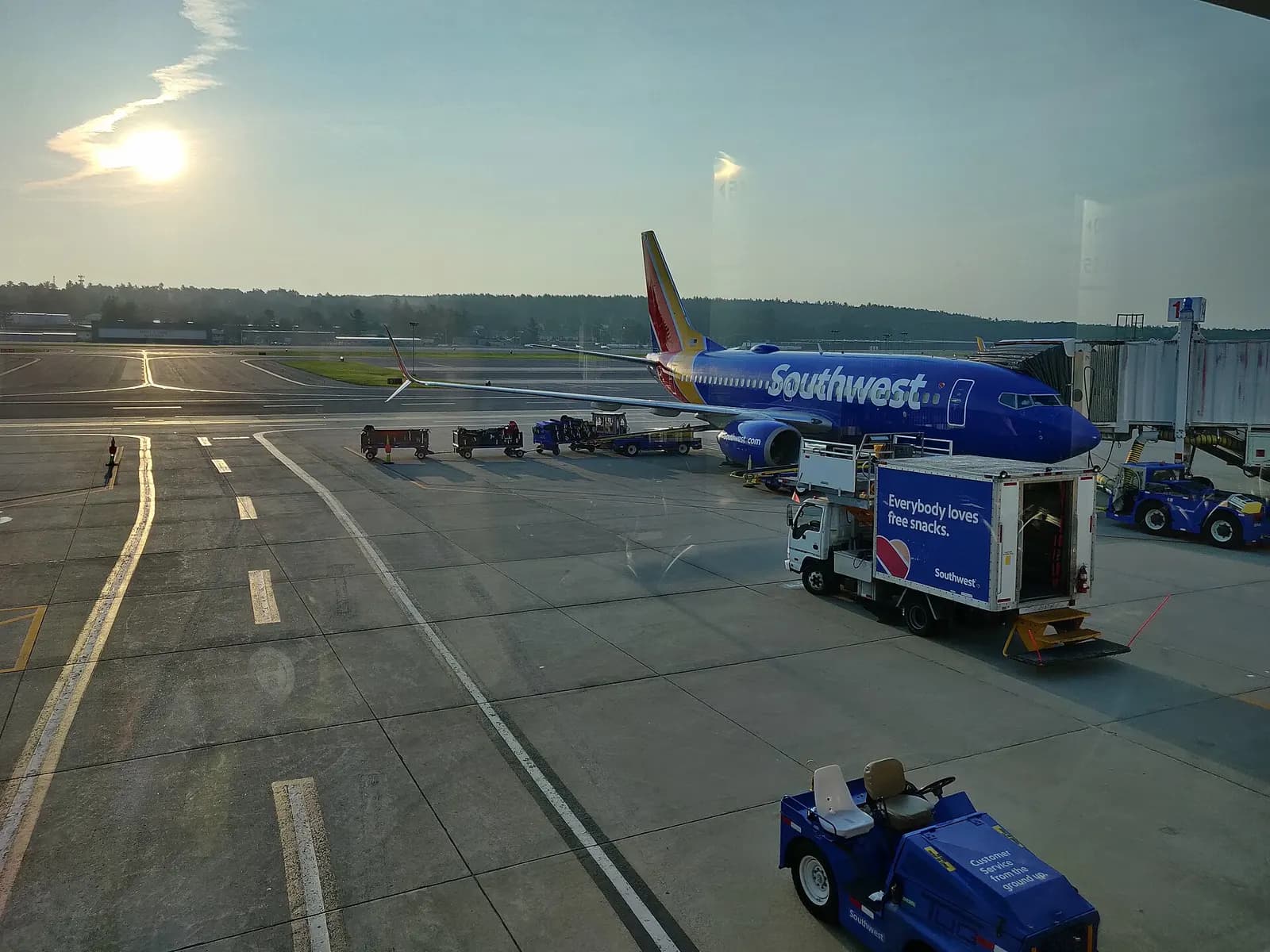 Airside windows and a Southwest 737 at Manchester-Boston Regional Airport in July 2021