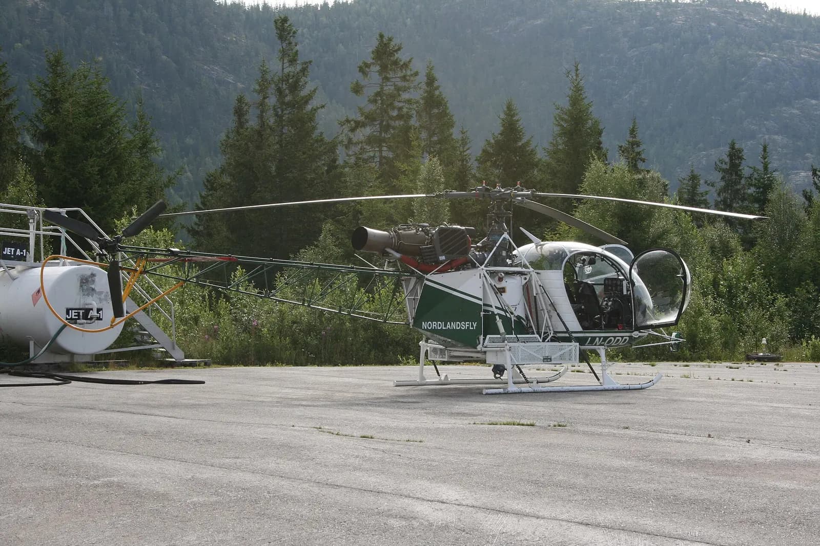 An Aerospatiale SA 315B "Lama" helicopter, operated by Nordlandsky. Photographed in Mosjøen Airport.