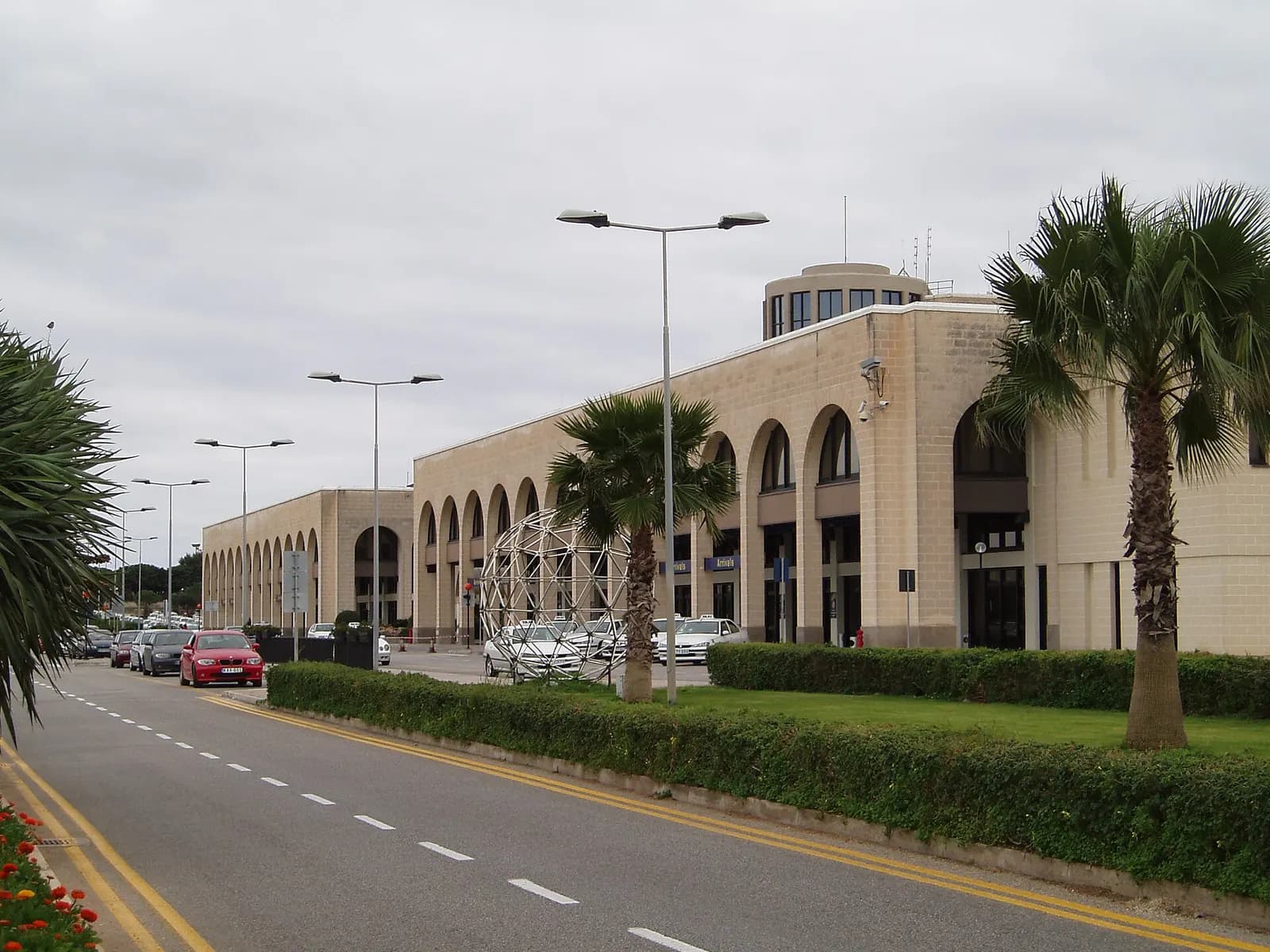 View of the Malta International Airport , with the arrivals lounge to the right of the picture.