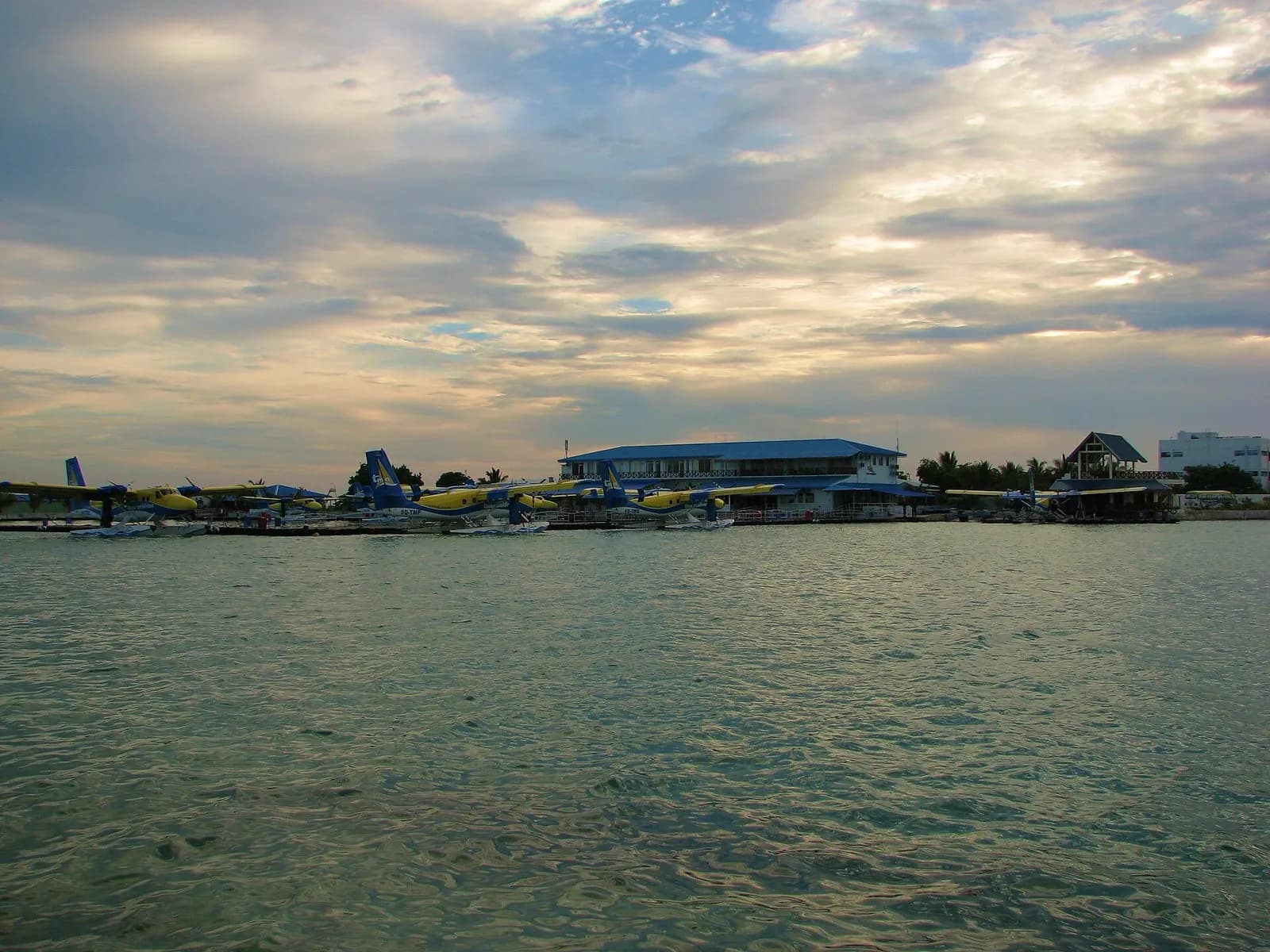 Line of Trans Maldivian Airways yellow-and-blue Twin Otter seaplanes at the Malé dock at golden hour